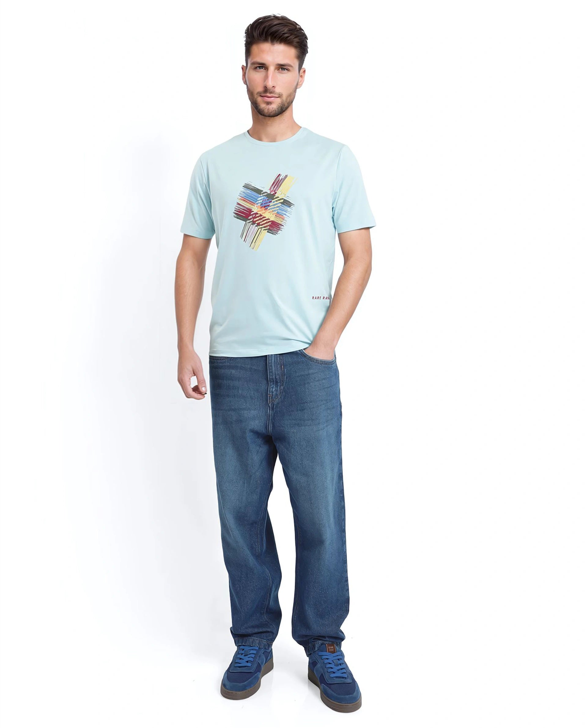 Rare Rabbit Men Brax Light Blue Cotton Blend Fabric Short Sleeve Crew Neck Graphic Print T-Shirt
