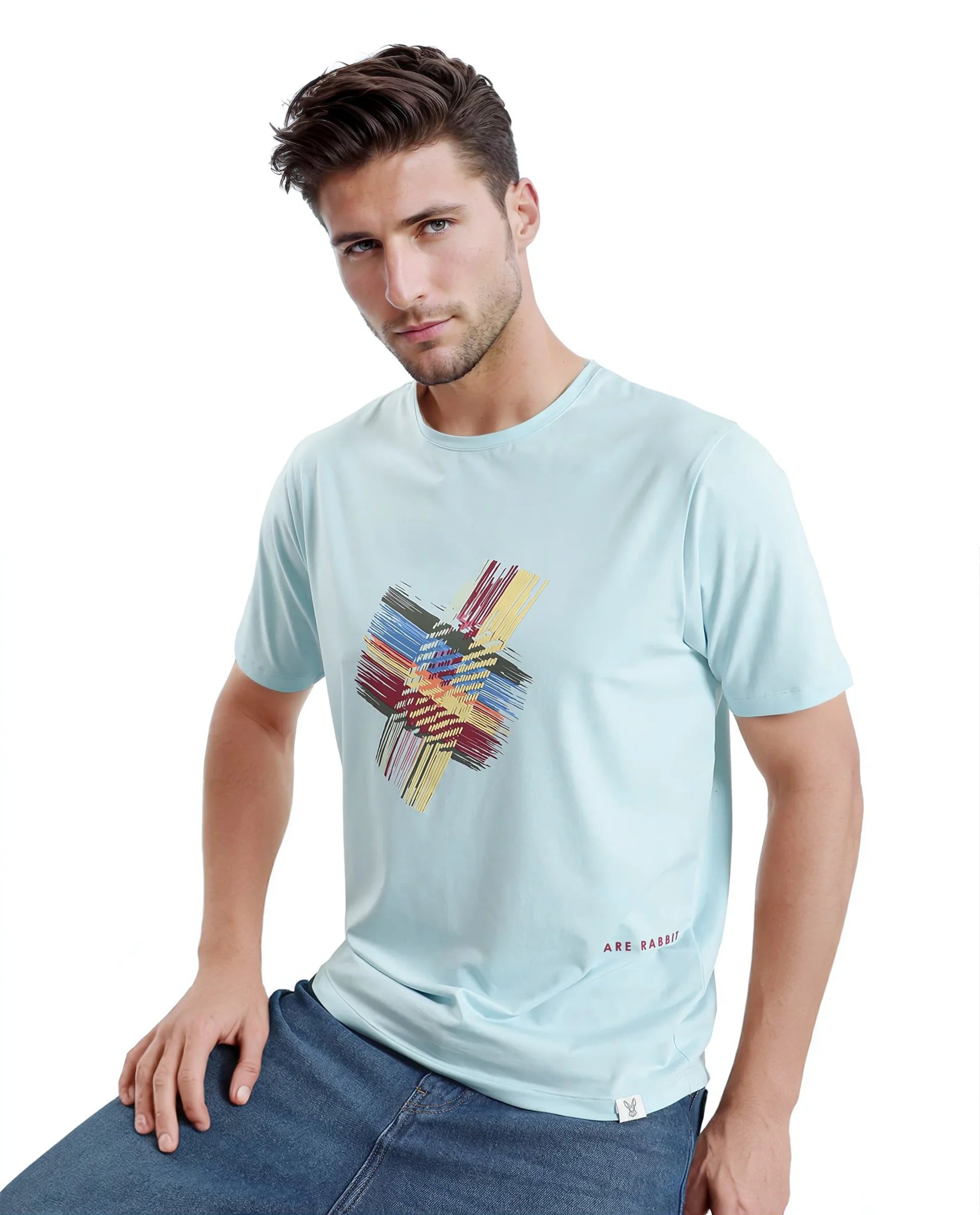 Rare Rabbit Men Brax Light Blue Cotton Blend Fabric Short Sleeve Crew Neck Graphic Print T-Shirt