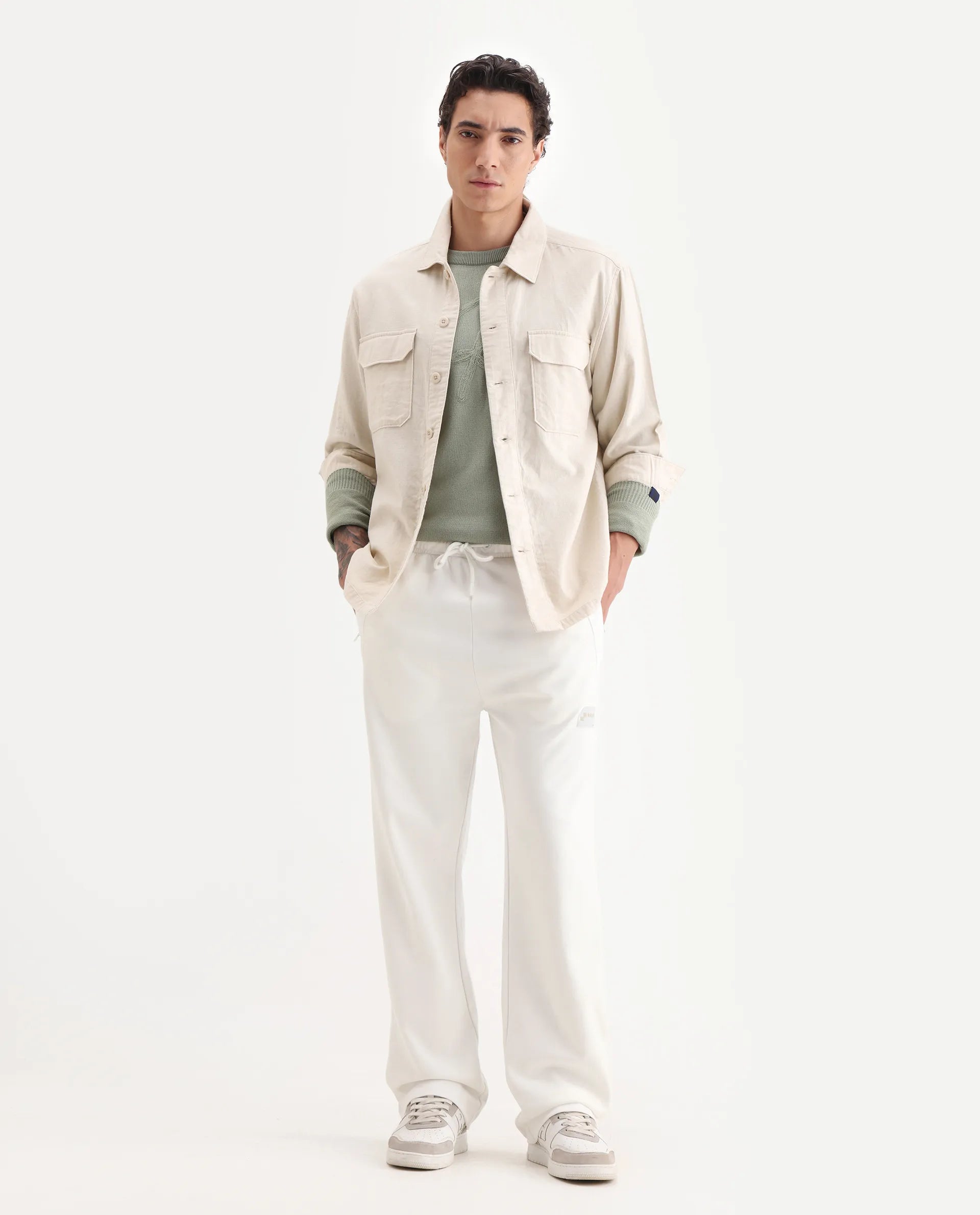 Rare Rabbit Men's Breckin Off White Cotton Blend Embroidered Relaxed Fit Track Pant