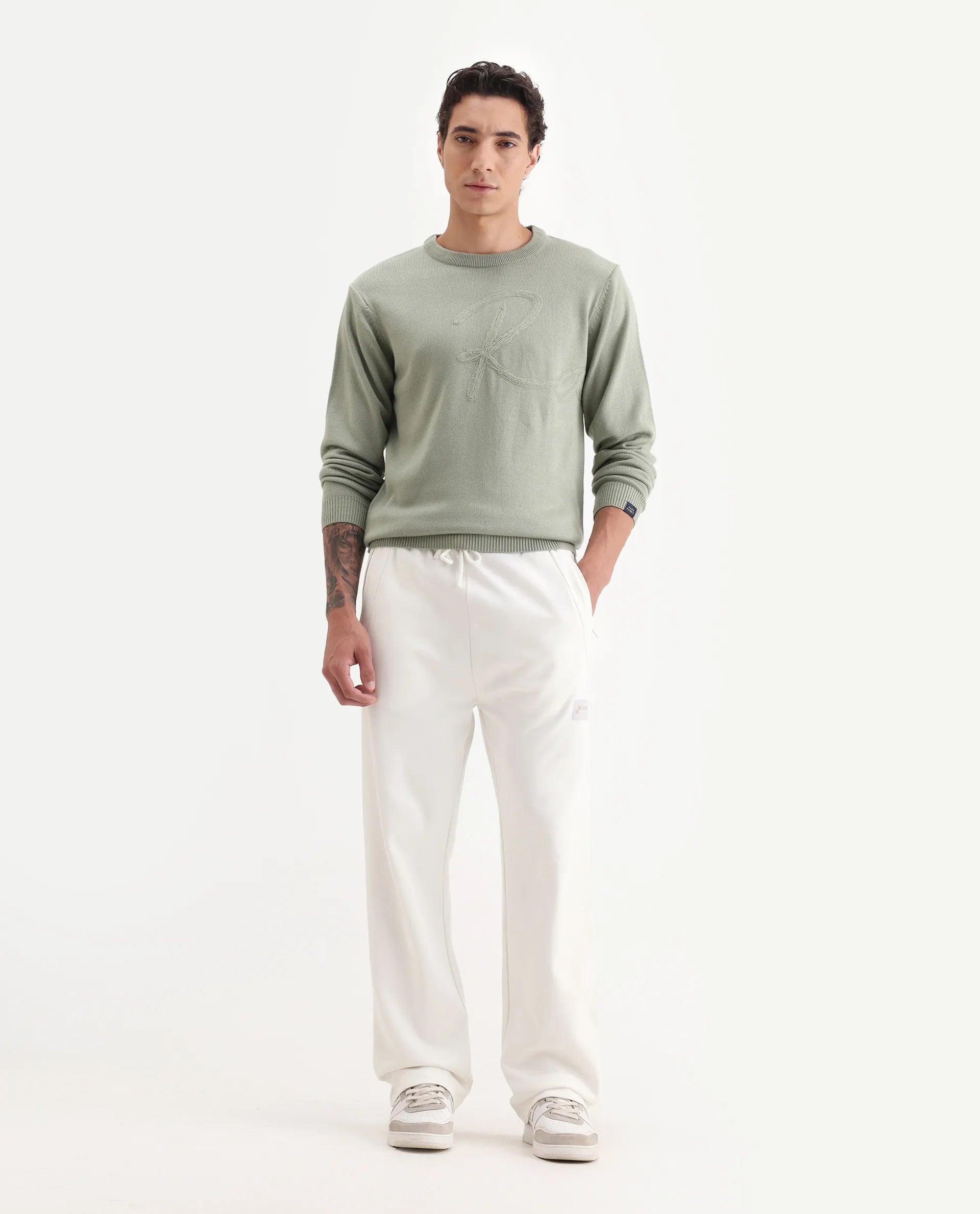 Rare Rabbit Men's Breckin Off White Cotton Blend Embroidered Relaxed Fit Track Pant