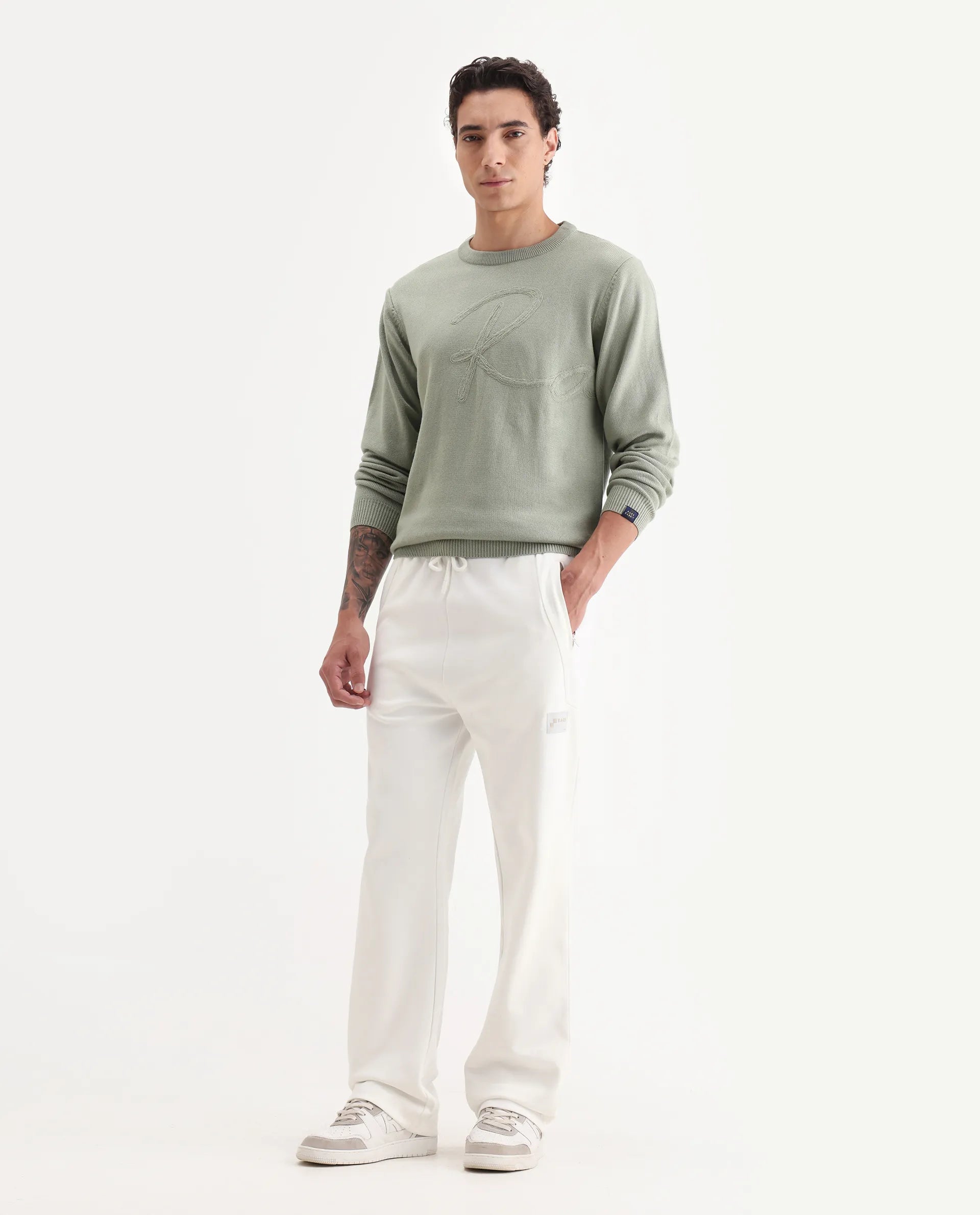 Rare Rabbit Men's Breckin Off White Cotton Blend Embroidered Relaxed Fit Track Pant