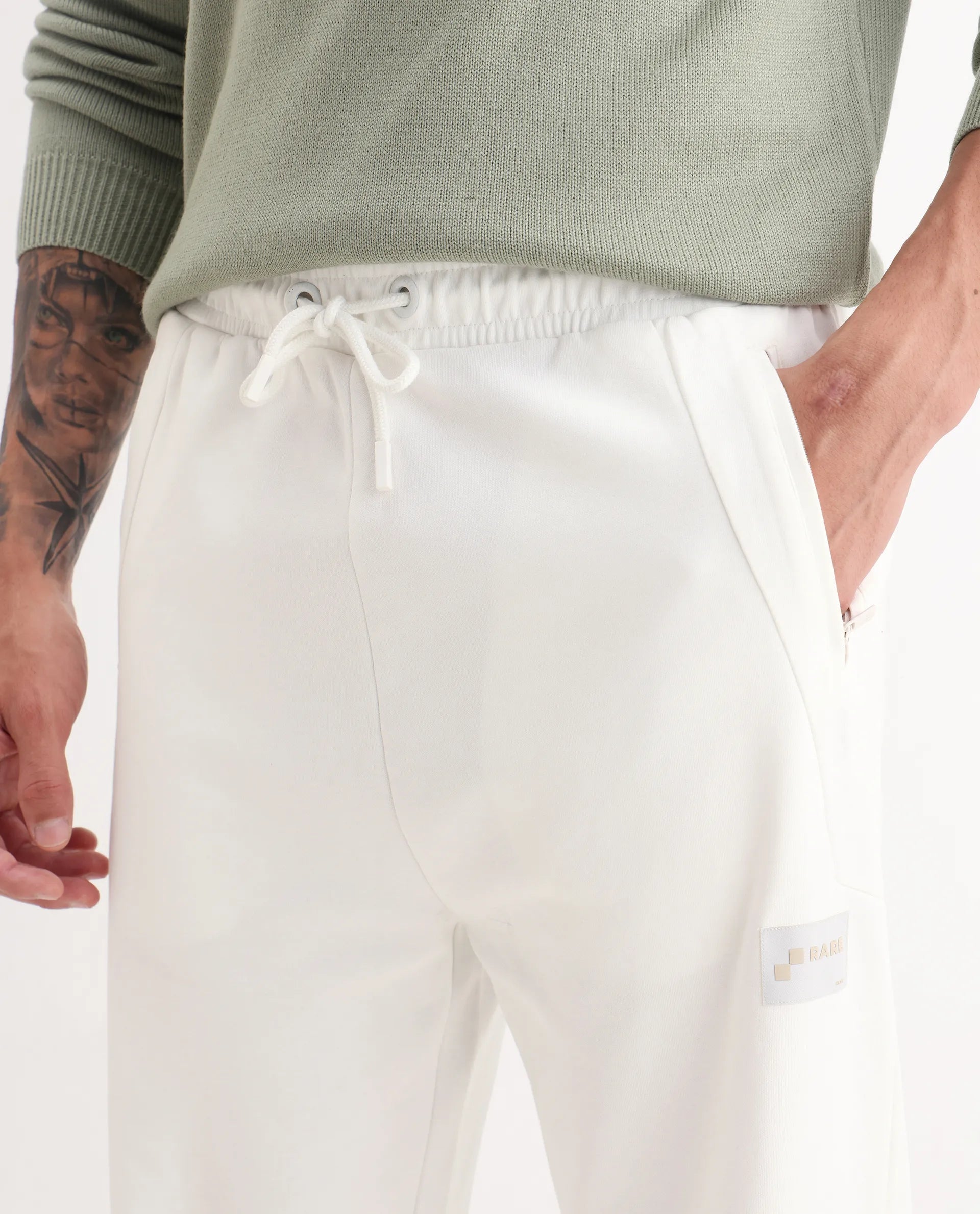 Rare Rabbit Men's Breckin Off White Cotton Blend Embroidered Relaxed Fit Track Pant
