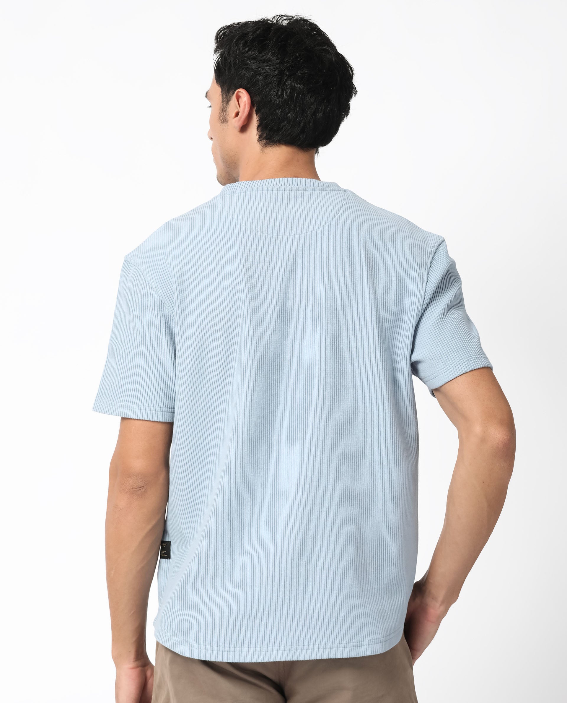 Rare Rabbit Men's Bree Dusky Blue Crew Neck Ottoman Textured Drop Shoulder Half Sleeves Oversized Fit T-Shirt