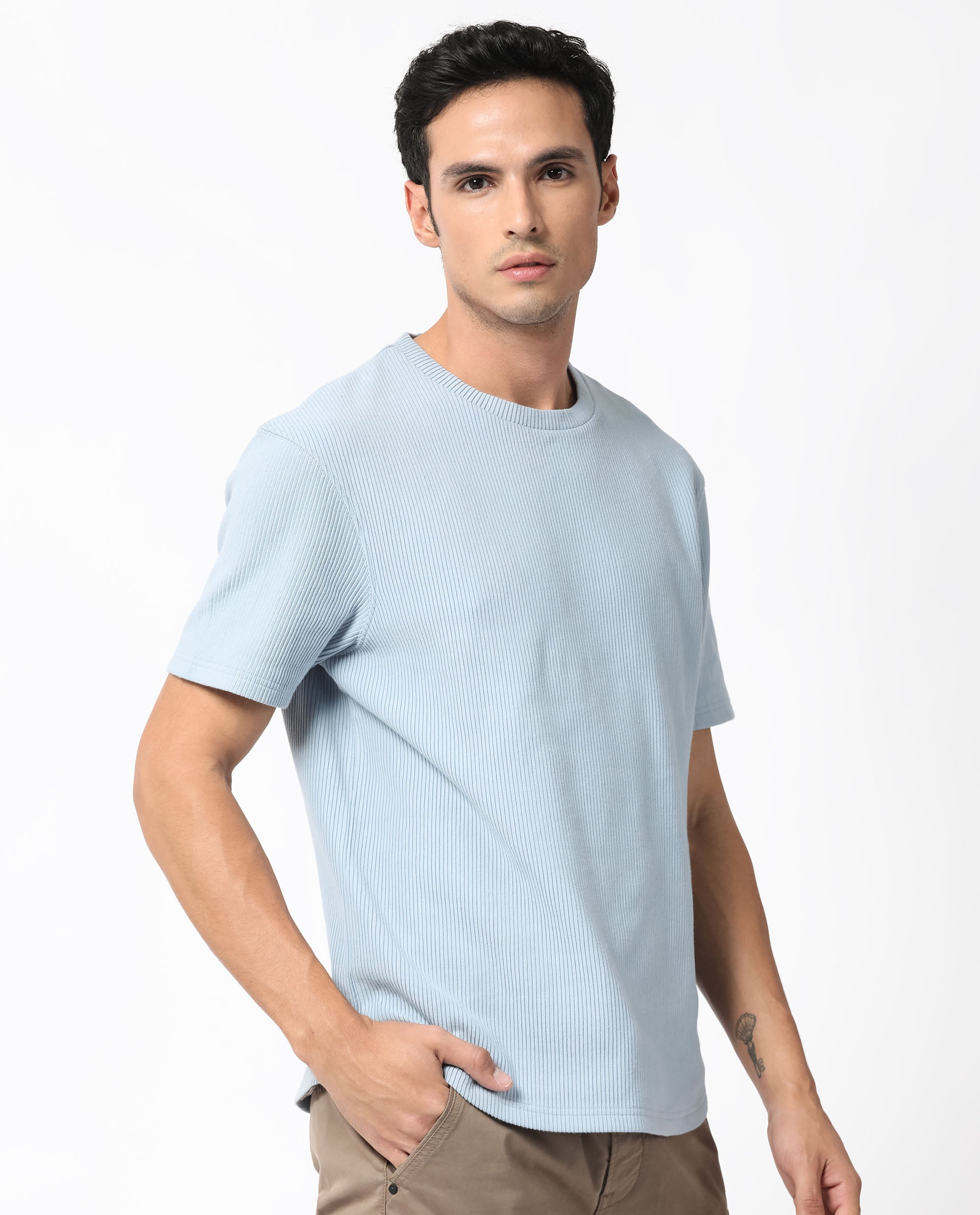 Rare Rabbit Men's Bree Dusky Blue Crew Neck Ottoman Textured Drop Shoulder Half Sleeves Oversized Fit T-Shirt