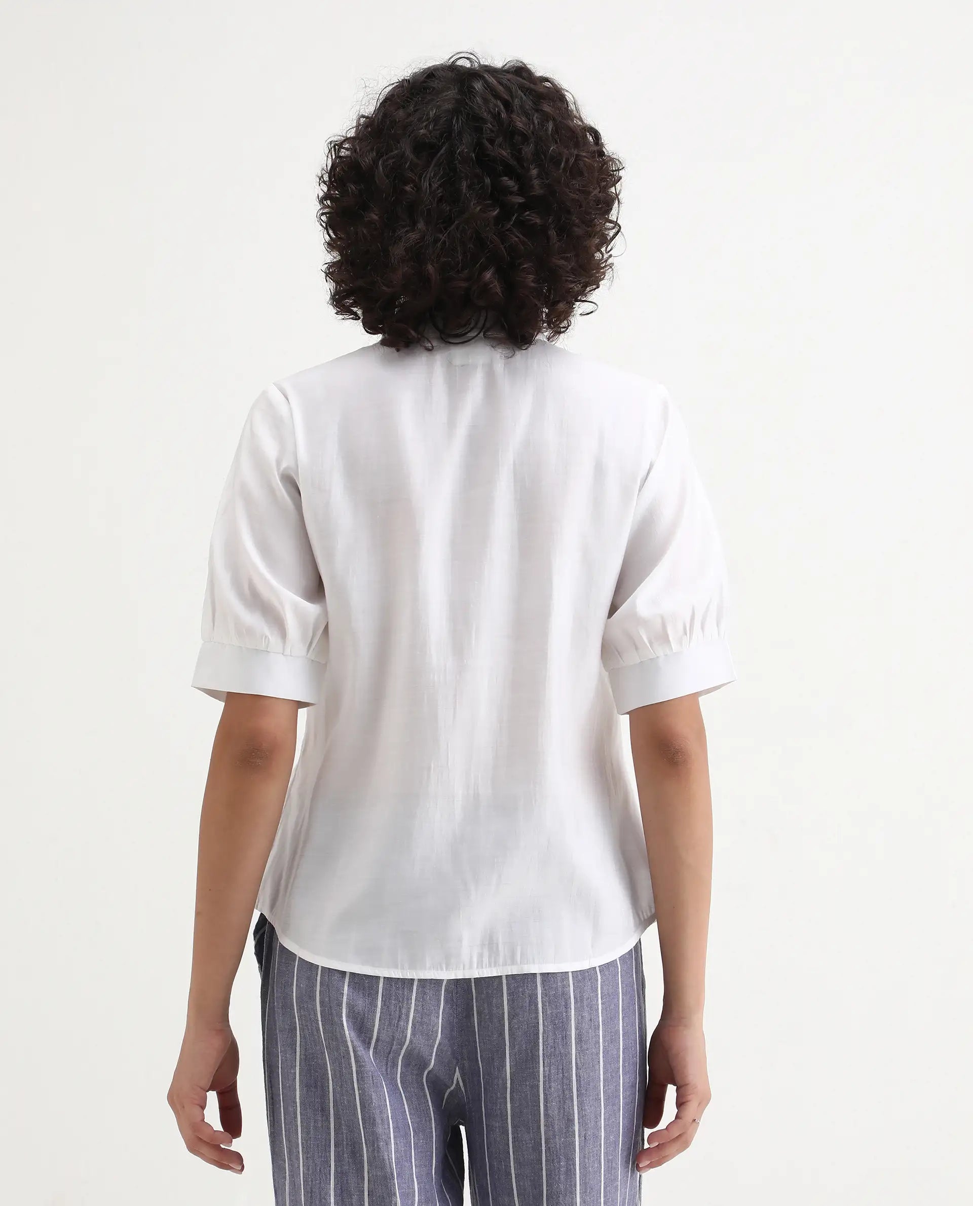 Rareism Women's Breen White Polyester Mandarin Collar Plain Bishop Sleeve Regular Fit Top