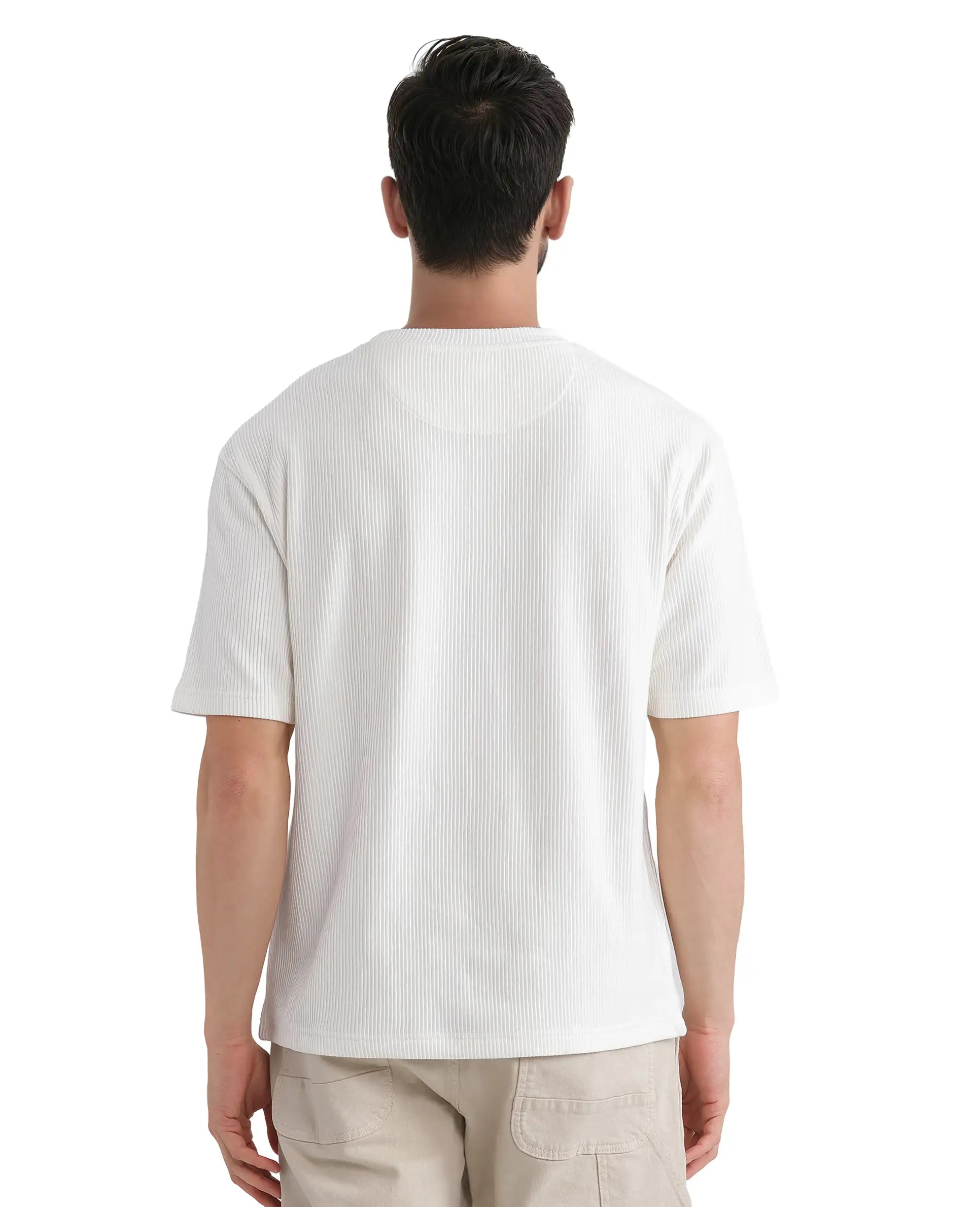 Rare Rabbit Men's Breet-1 White Cotton Blend Fabric Short Sleeve Crew Neck Oversized Fit Textured T-Shirt