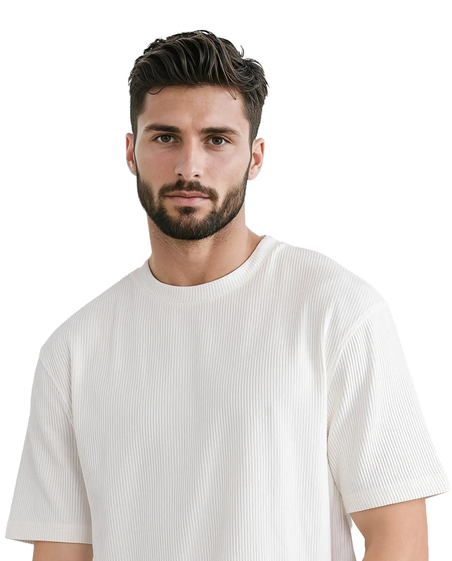 Rare Rabbit Men's Breet-1 White Cotton Blend Fabric Short Sleeve Crew Neck Oversized Fit Textured T-Shirt