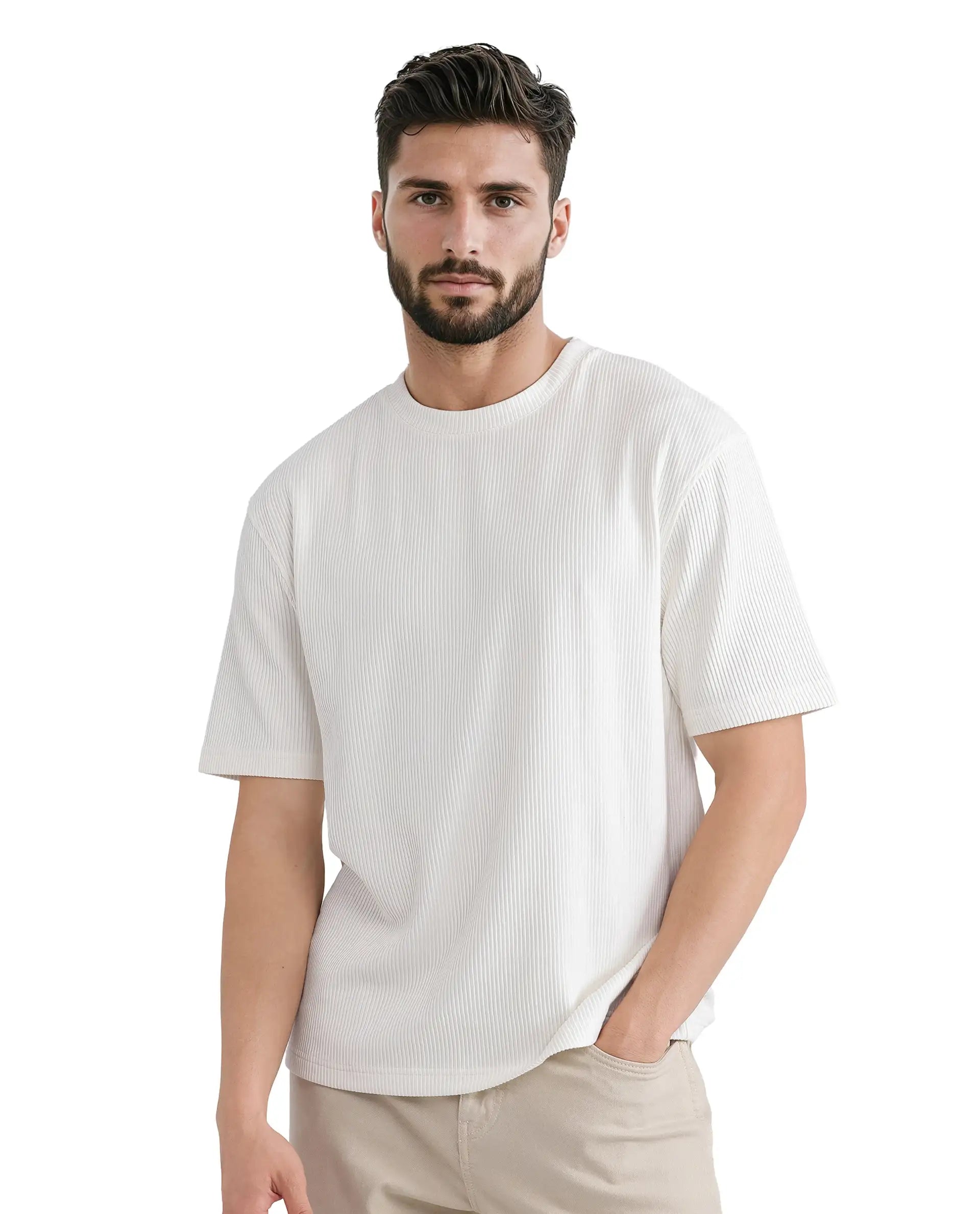 Rare Rabbit Men's Breet-1 White Cotton Blend Fabric Short Sleeve Crew Neck Oversized Fit Textured T-Shirt