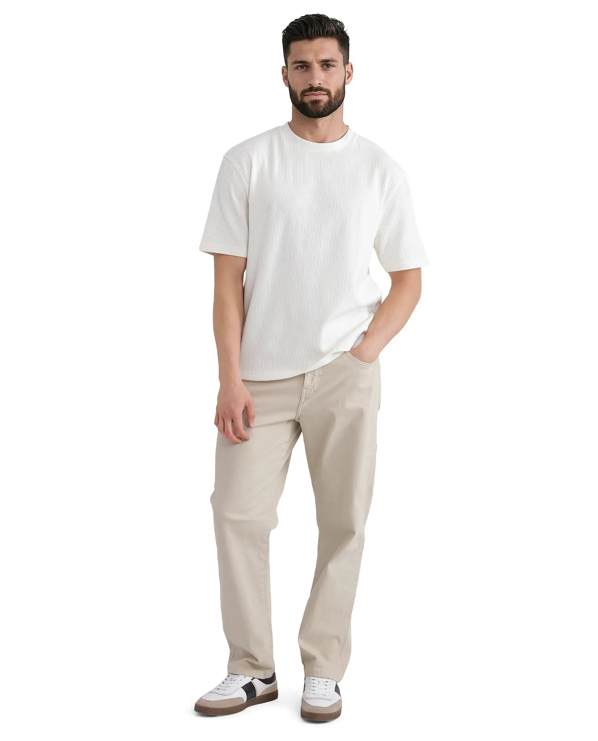 Rare Rabbit Men's Breet-1 White Cotton Blend Fabric Short Sleeve Crew Neck Oversized Fit Textured T-Shirt