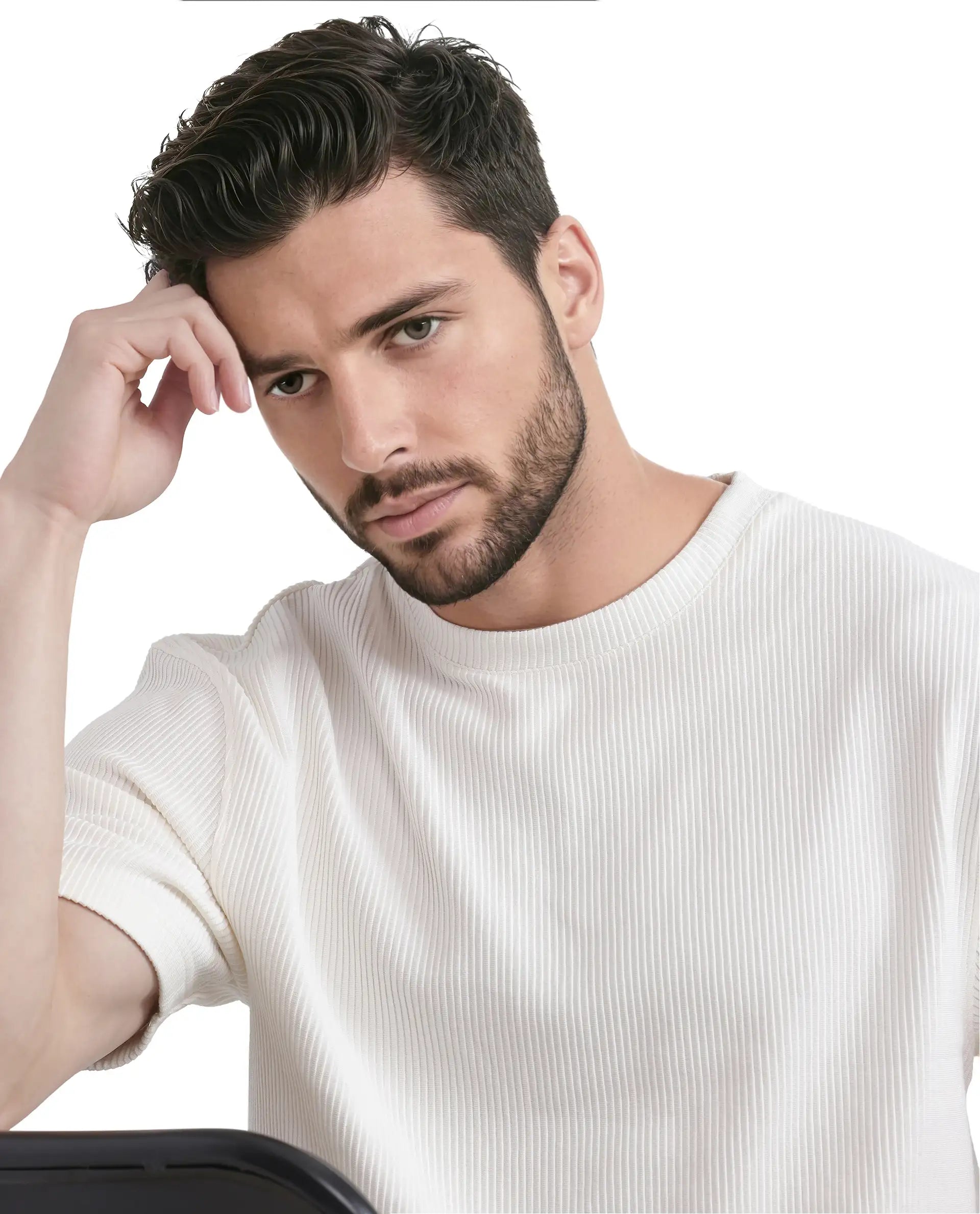 Rare Rabbit Men's Breet-1 White Cotton Blend Fabric Short Sleeve Crew Neck Oversized Fit Textured T-Shirt