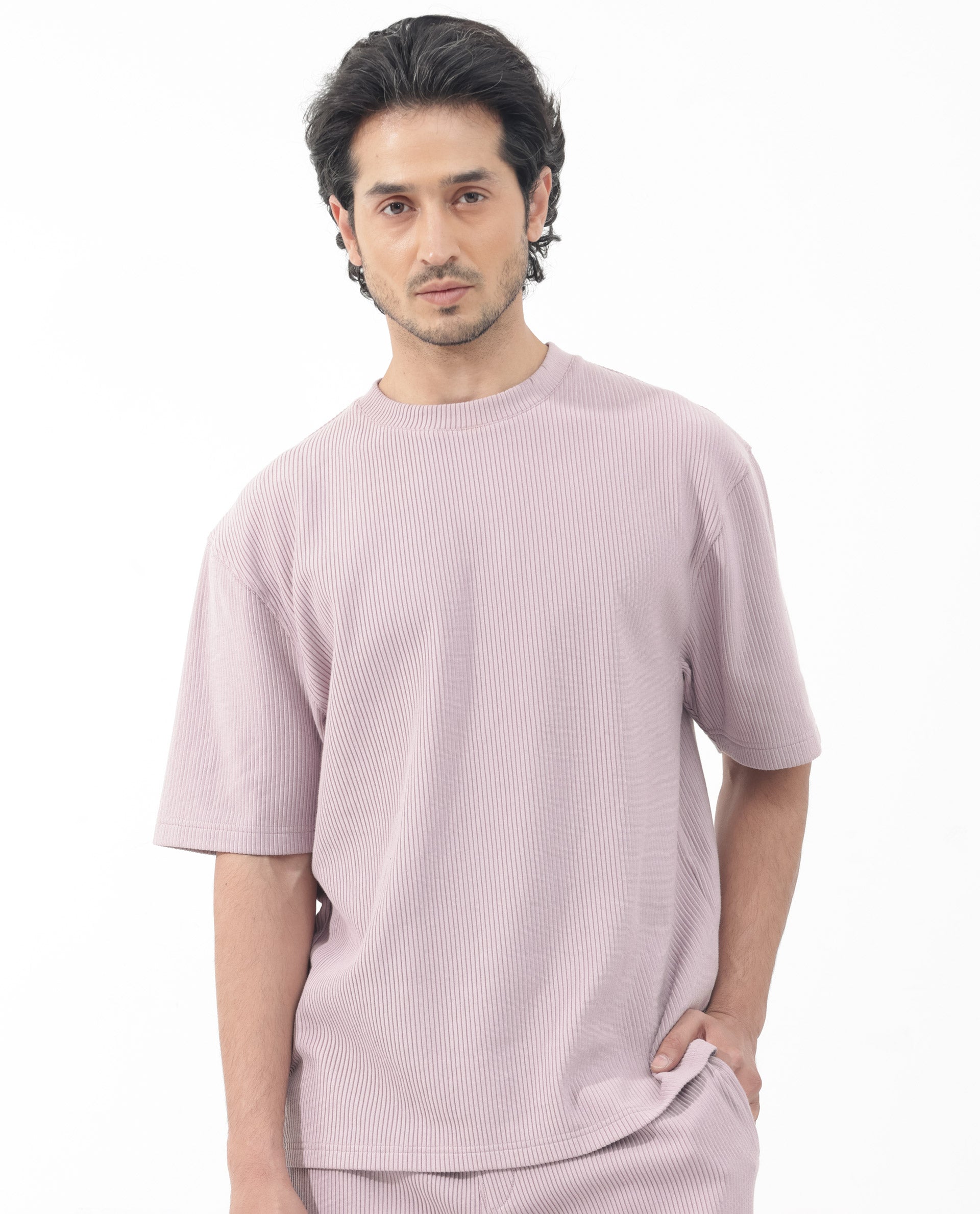 Rare Rabbit Men's Breet Dusky Purple Cotton Lycra Fabric Short Sleeve Oversized Fit Solid T-Shirt