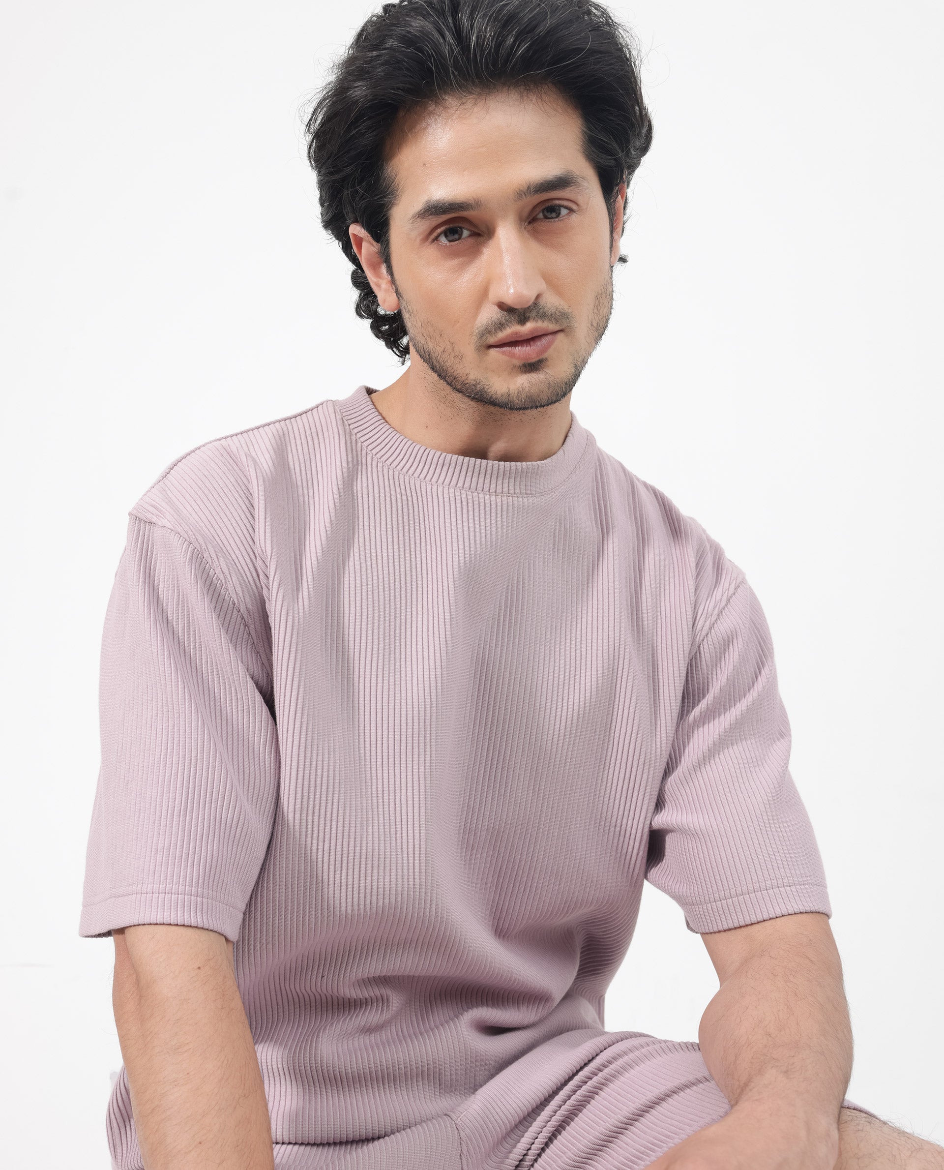 Rare Rabbit Men's Breet Dusky Purple Cotton Lycra Fabric Short Sleeve Oversized Fit Solid T-Shirt