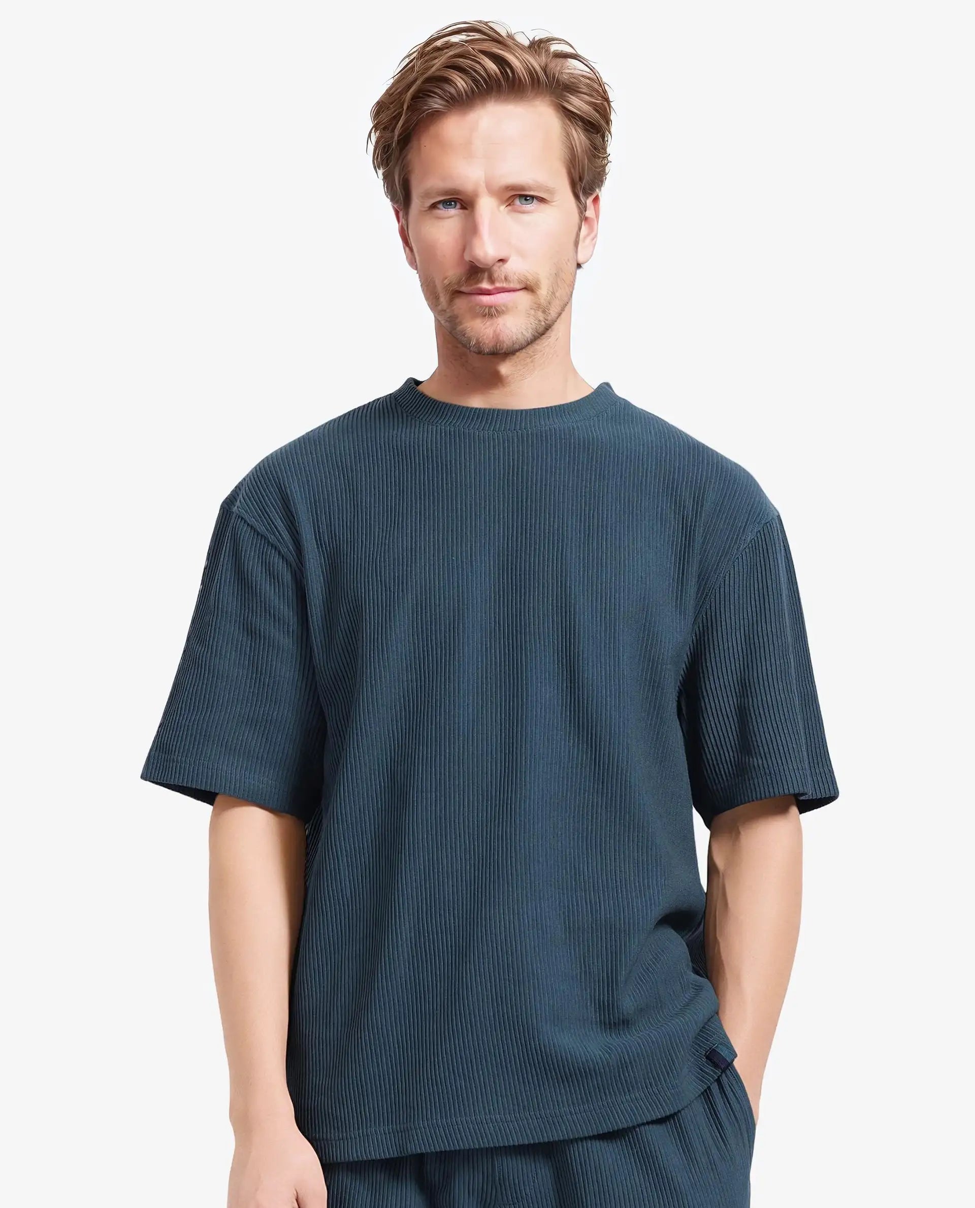Rare Rabbit Men's Breet-1 Dark Green Cotton Blend Fabric Short Sleeve Crew Neck Oversized Fit Textured T-Shirt
