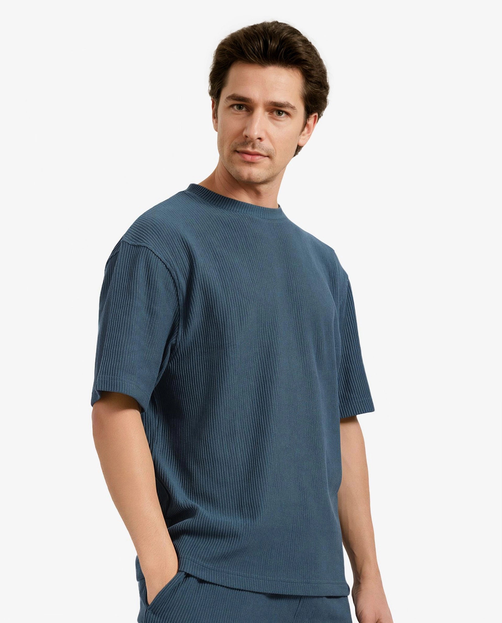 Rare Rabbit Men's Breet-1 Dark Green Cotton Blend Fabric Short Sleeve Crew Neck Oversized Fit Textured T-Shirt