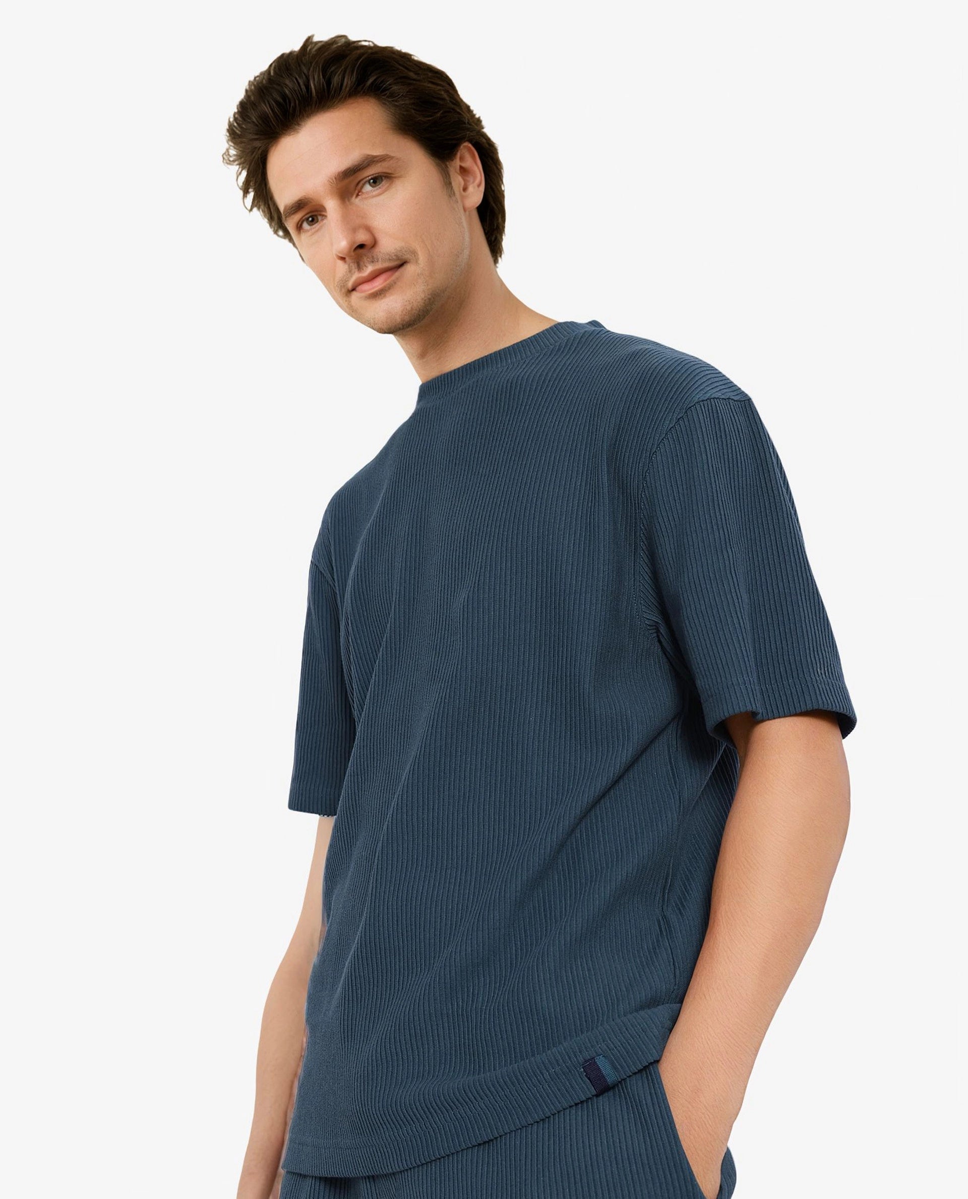 Rare Rabbit Men's Breet-1 Dark Green Cotton Blend Fabric Short Sleeve Crew Neck Oversized Fit Textured T-Shirt