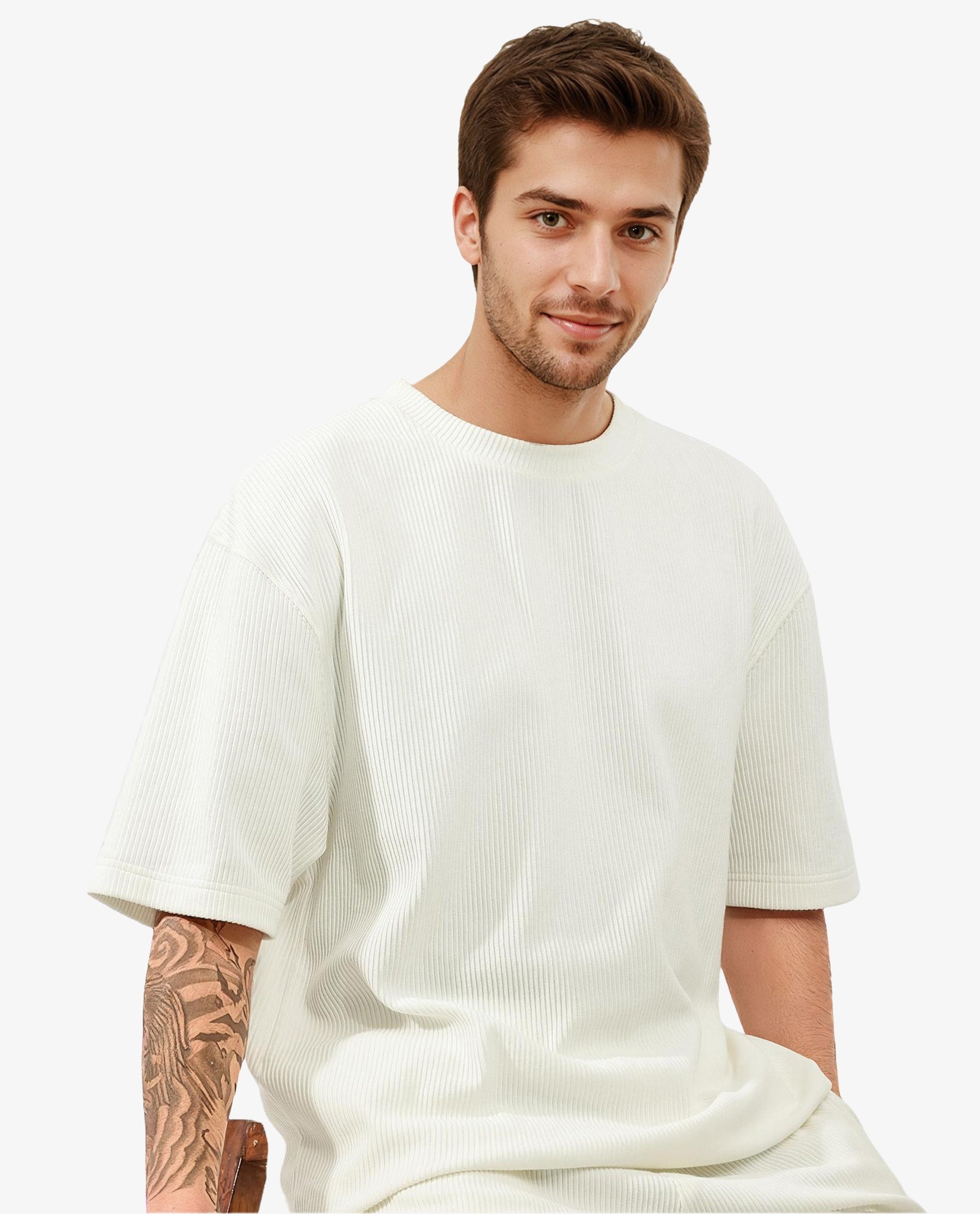 Rare Rabbit Men's Breet White Cotton Lycra Fabric Short Sleeve Oversized Fit Ribbed Solid T-Shirt