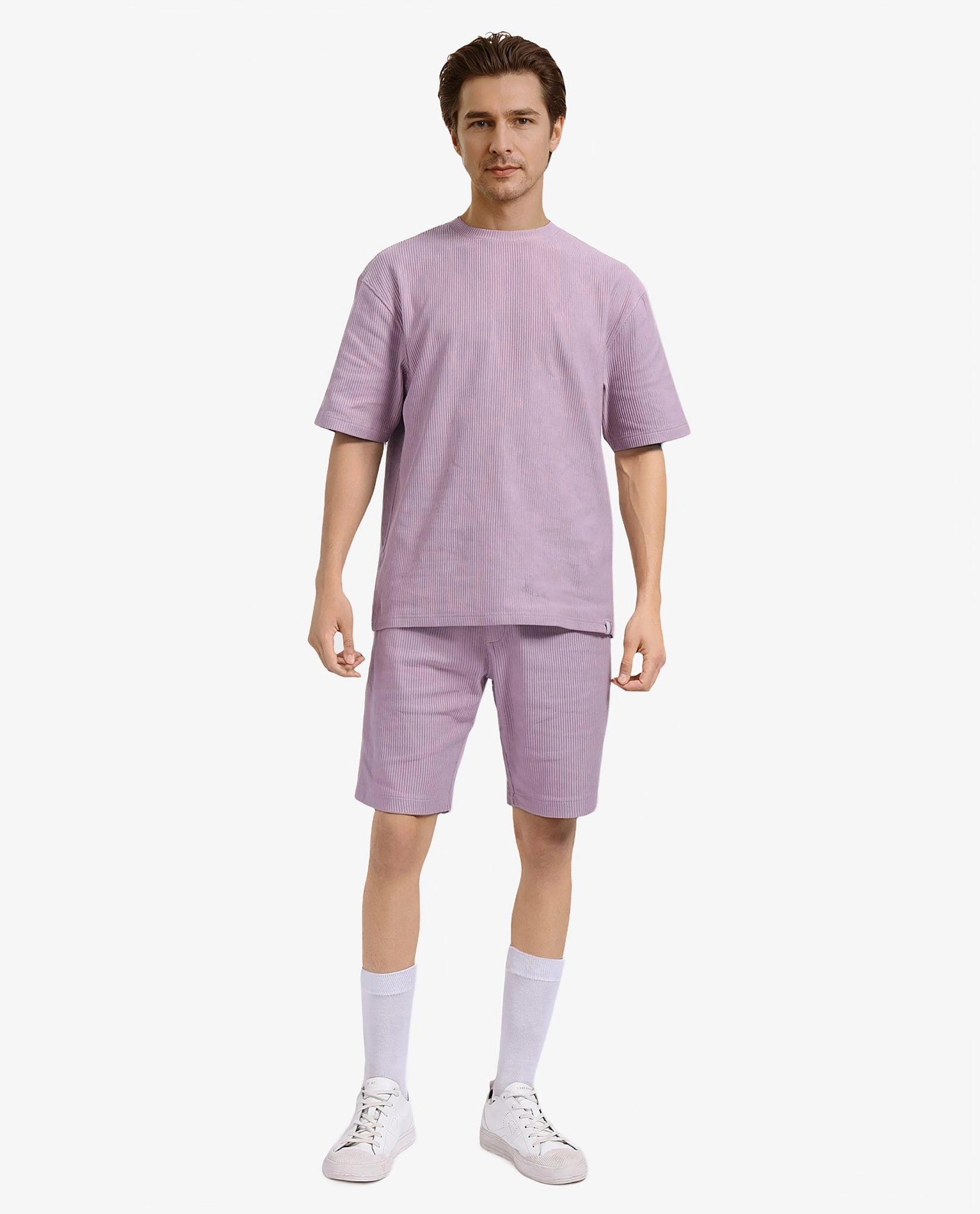 Rare Rabbit Men's Breet-1 Dusky Pink Cotton Blend Fabric Short Sleeve Crew Neck Oversized Fit Textured T-Shirt