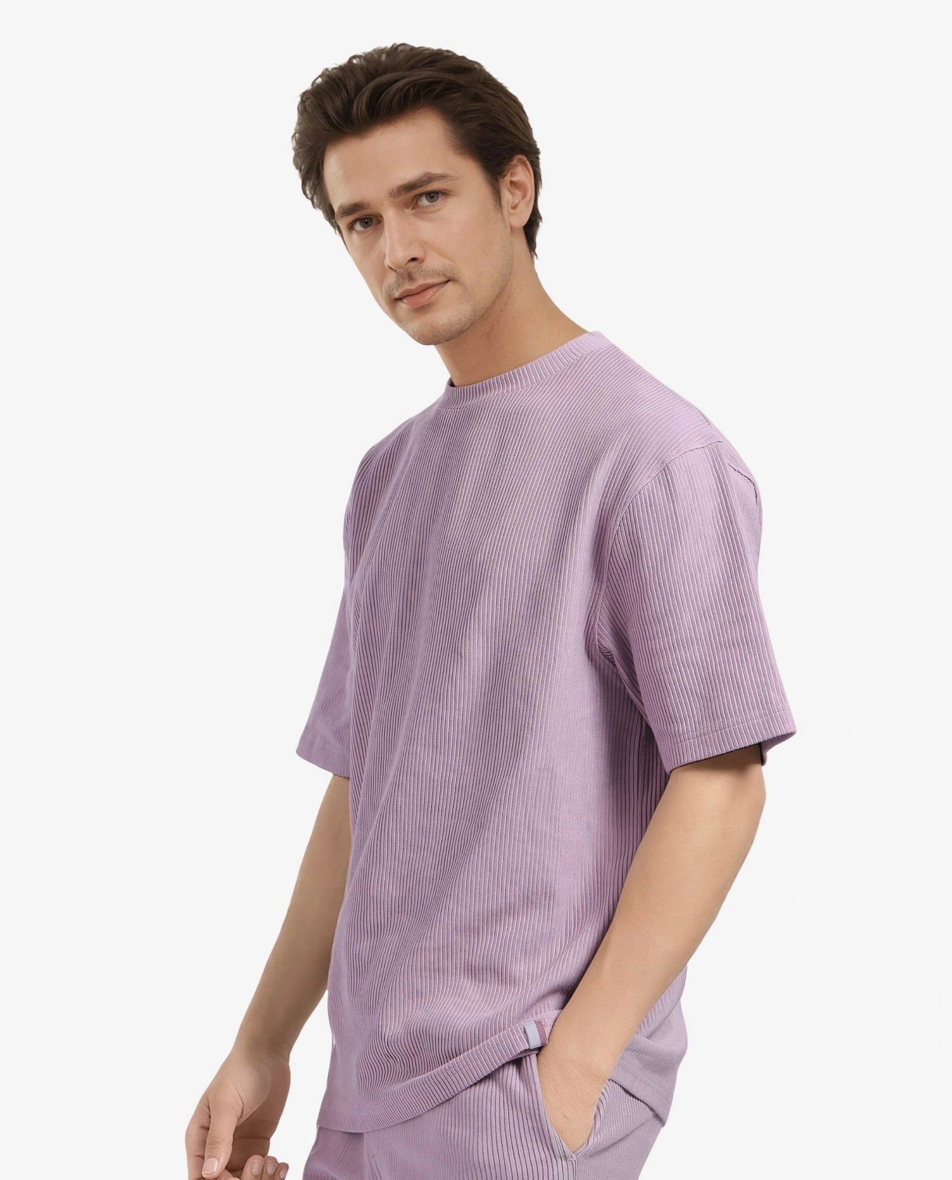 Rare Rabbit Men's Breet-1 Dusky Pink Cotton Blend Fabric Short Sleeve Crew Neck Oversized Fit Textured T-Shirt