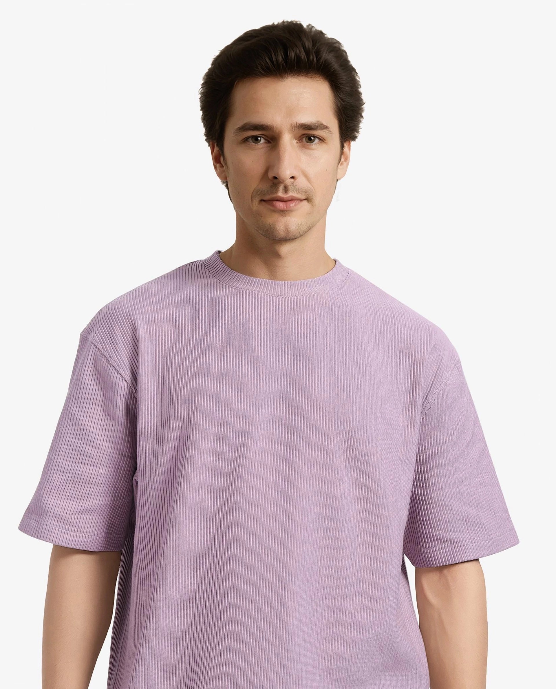 Rare Rabbit Men's Breet-1 Dusky Pink Cotton Blend Fabric Short Sleeve Crew Neck Oversized Fit Textured T-Shirt