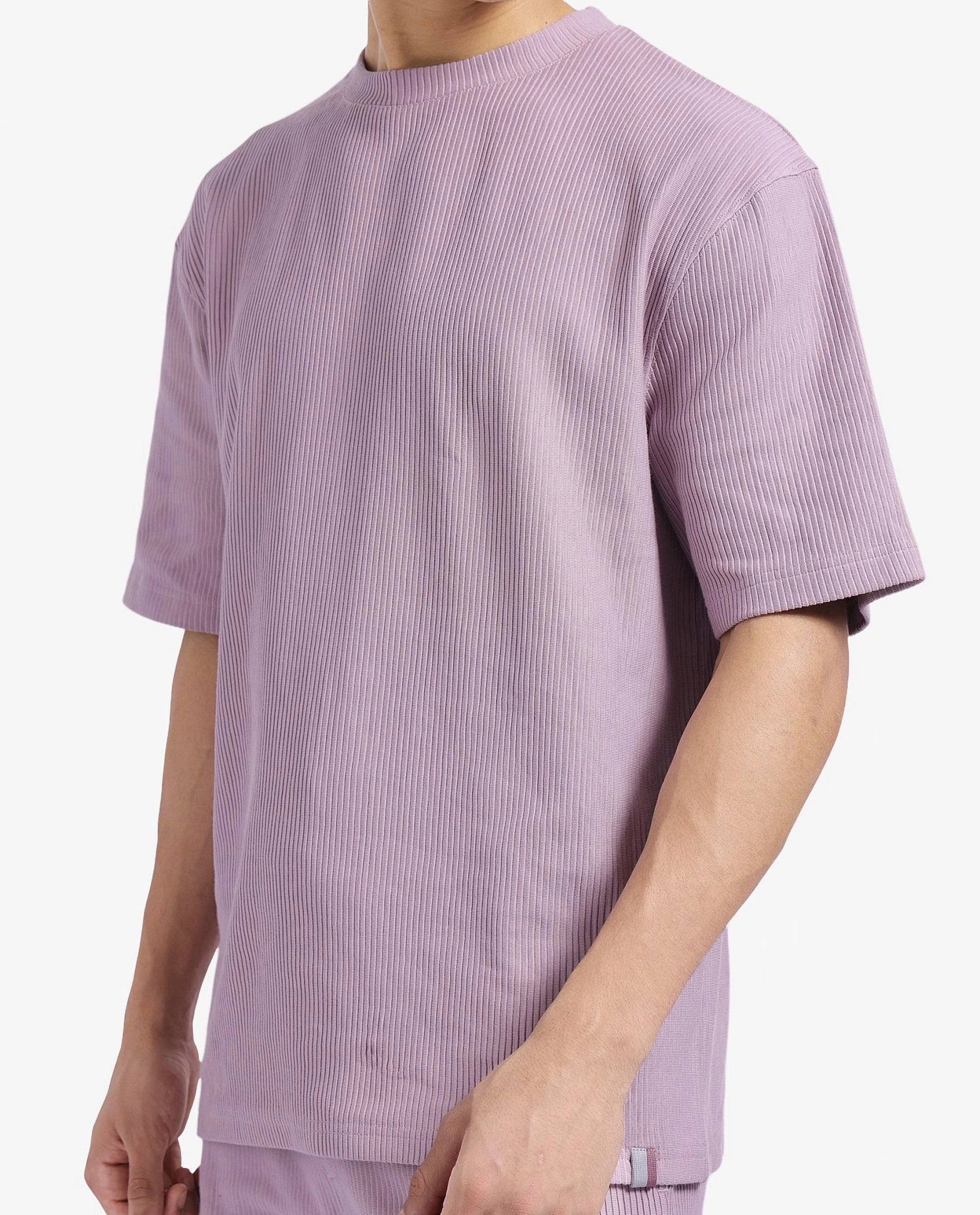 Rare Rabbit Men's Breet-1 Dusky Pink Cotton Blend Fabric Short Sleeve Crew Neck Oversized Fit Textured T-Shirt