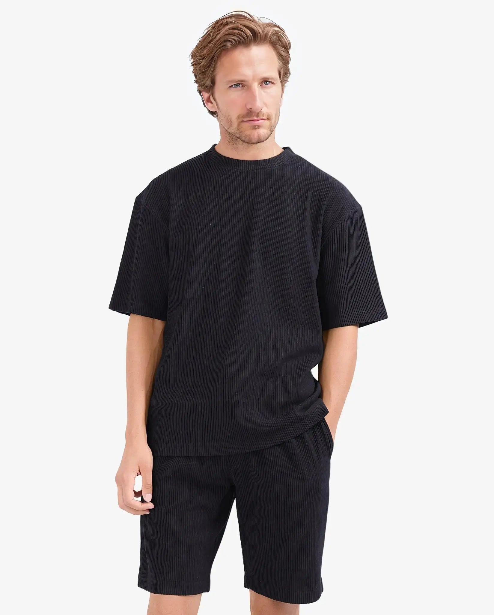 Rare Rabbit Men's Breet-1 Black Cotton Blend Fabric Short Sleeve Crew Neck Oversized Fit Textured T-Shirt