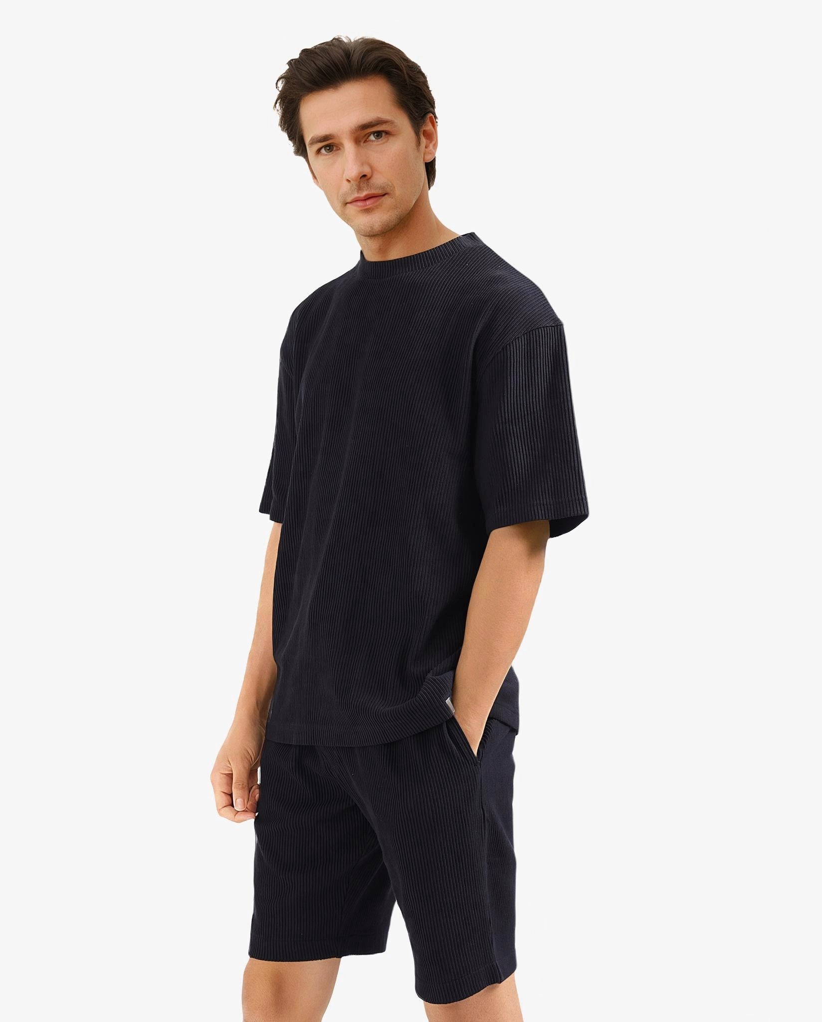 Rare Rabbit Men's Breet-1 Black Cotton Blend Fabric Short Sleeve Crew Neck Oversized Fit Textured T-Shirt