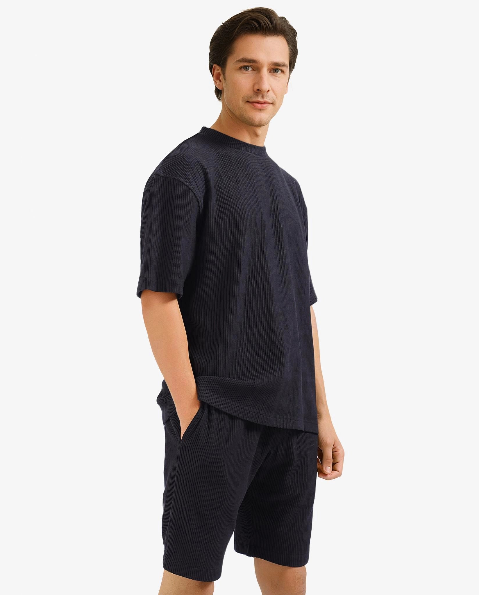 Rare Rabbit Men's Breet-1 Black Cotton Blend Fabric Short Sleeve Crew Neck Oversized Fit Textured T-Shirt