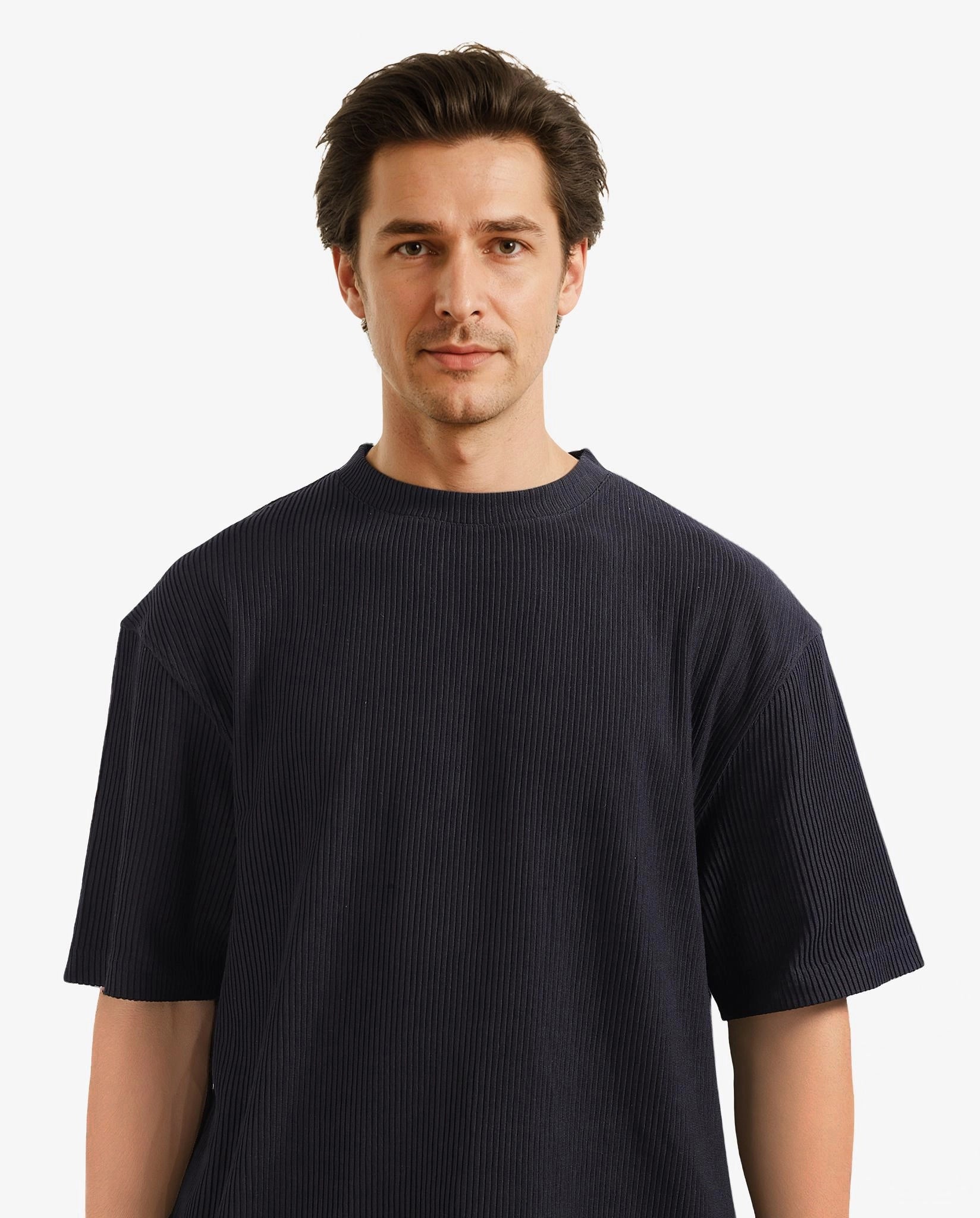 Rare Rabbit Men's Breet-1 Black Cotton Blend Fabric Short Sleeve Crew Neck Oversized Fit Textured T-Shirt