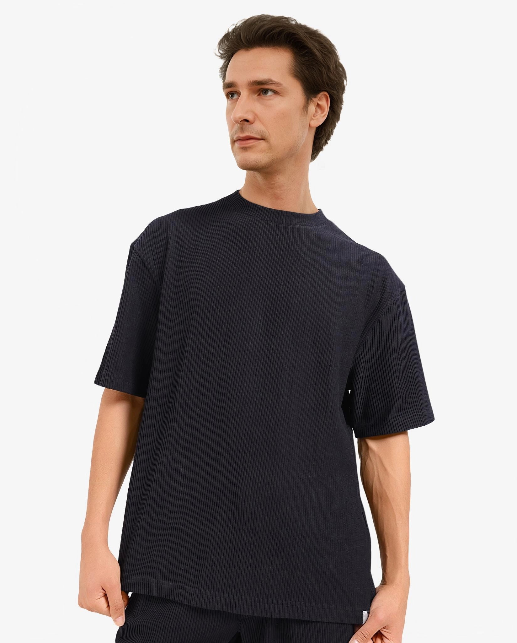 Rare Rabbit Men's Breet-1 Black Cotton Blend Fabric Short Sleeve Crew Neck Oversized Fit Textured T-Shirt