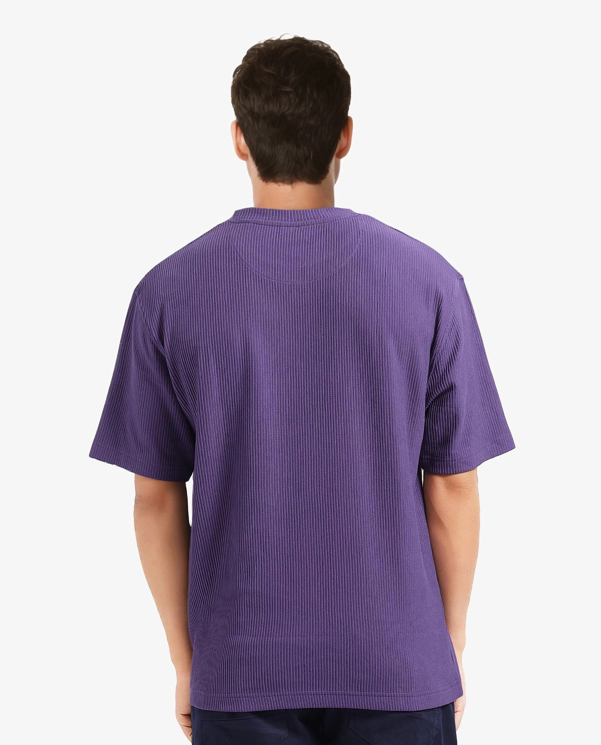 Rare Rabbit Men's Breet-1 Dark Purple Cotton Blend Fabric Short Sleeve Crew Neck Oversized Fit Textured T-Shirt