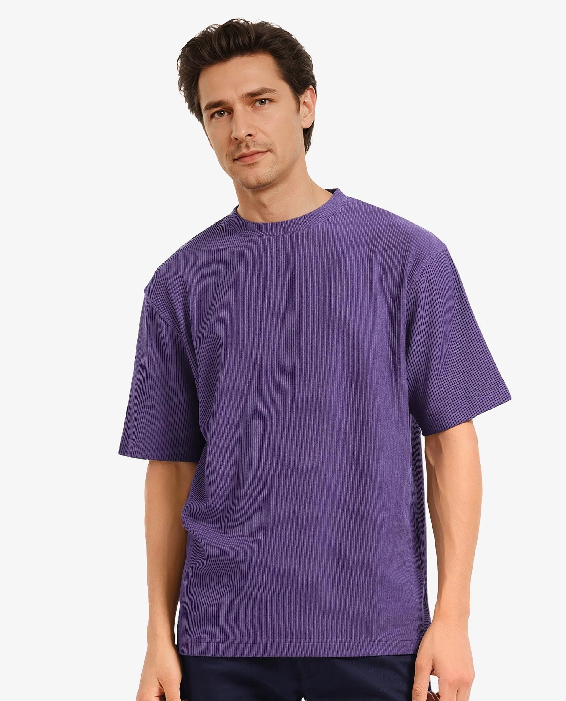 Rare Rabbit Men's Breet-1 Dark Purple Cotton Blend Fabric Short Sleeve Crew Neck Oversized Fit Textured T-Shirt