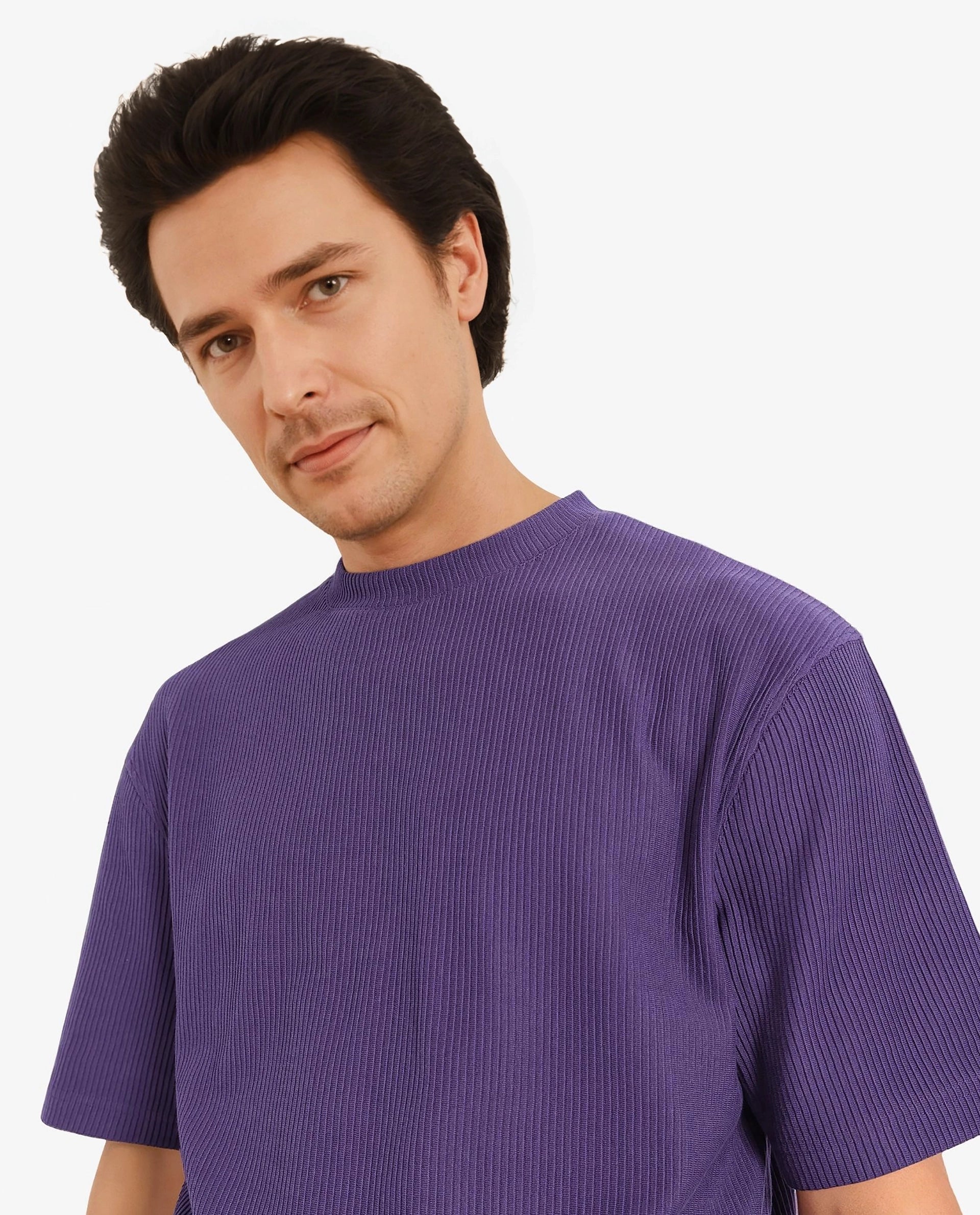 Rare Rabbit Men's Breet-1 Dark Purple Cotton Blend Fabric Short Sleeve Crew Neck Oversized Fit Textured T-Shirt