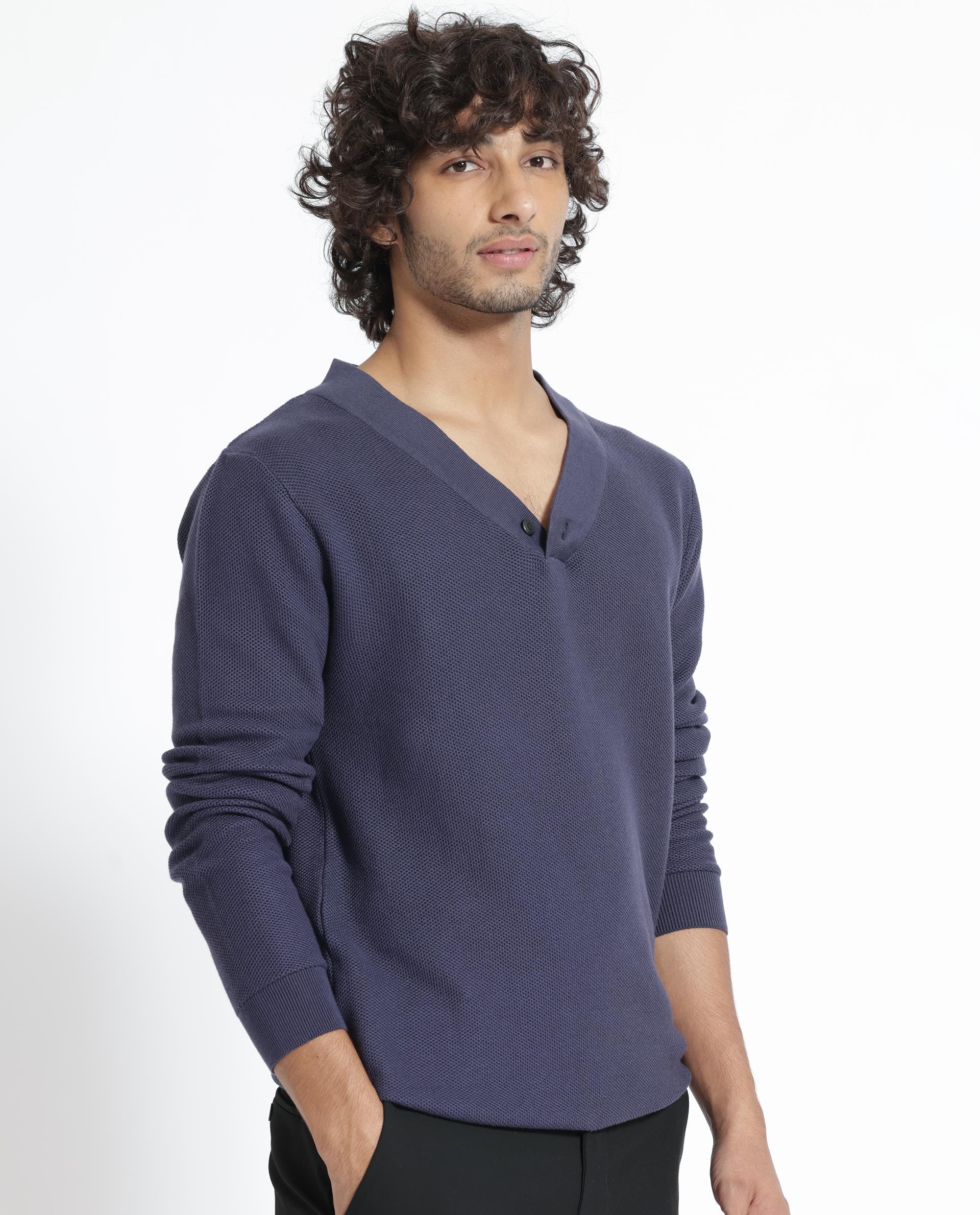 Rare Rabbit Mens Breeze Purple Sweater Full Sleeve V-Neck Solid