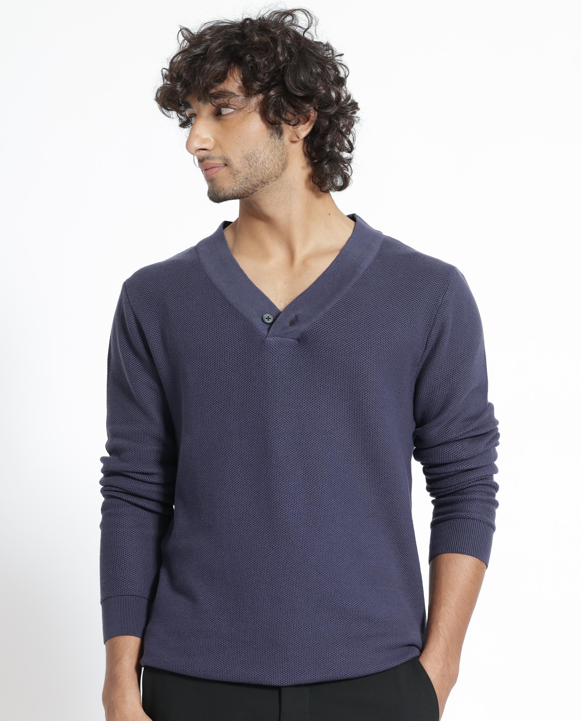 Rare Rabbit Mens Breeze Purple Sweater Full Sleeve V-Neck Solid