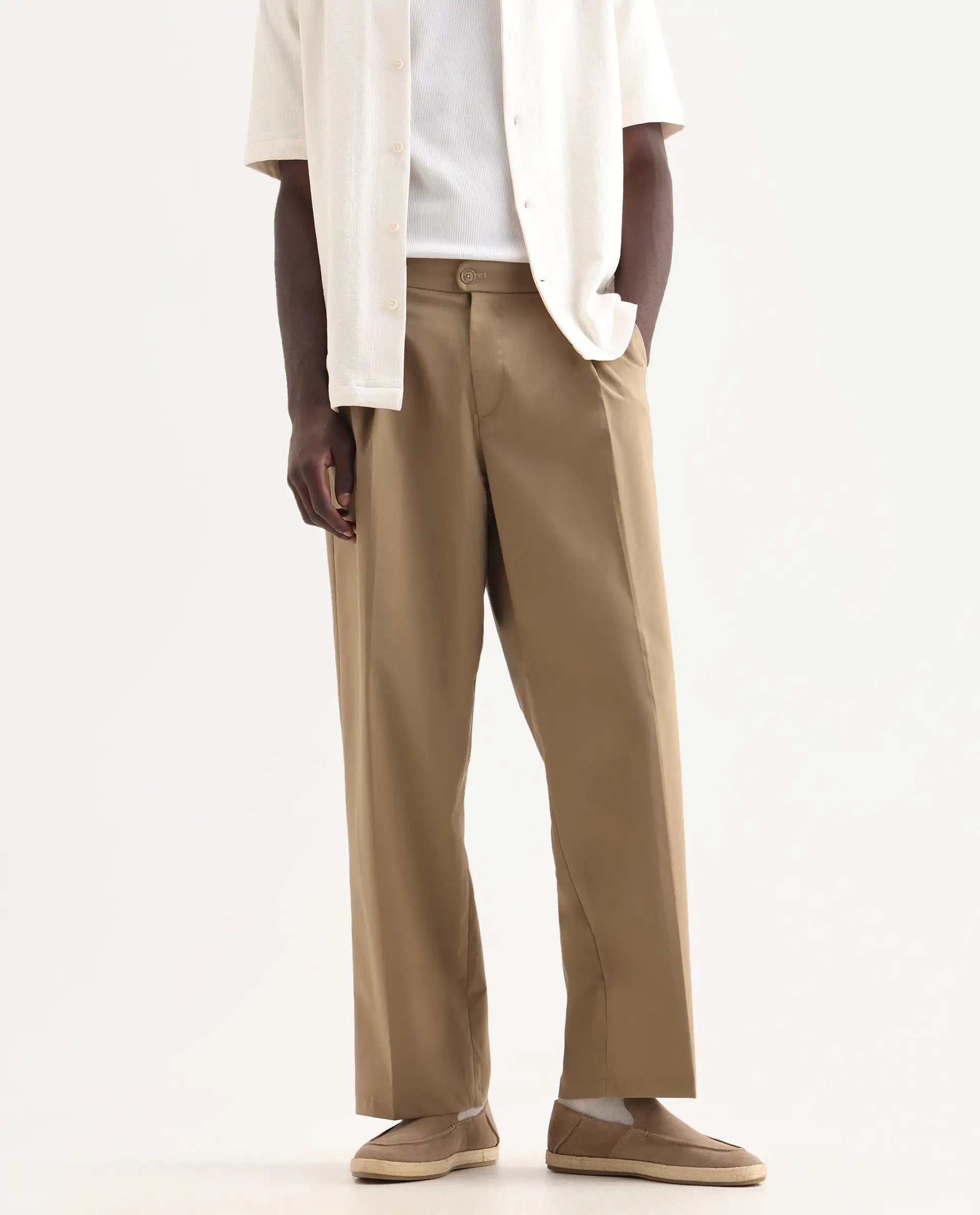 Rare Rabbit Men's Brelint Khaki Linen Blend Plain Relaxed Fit Trouser