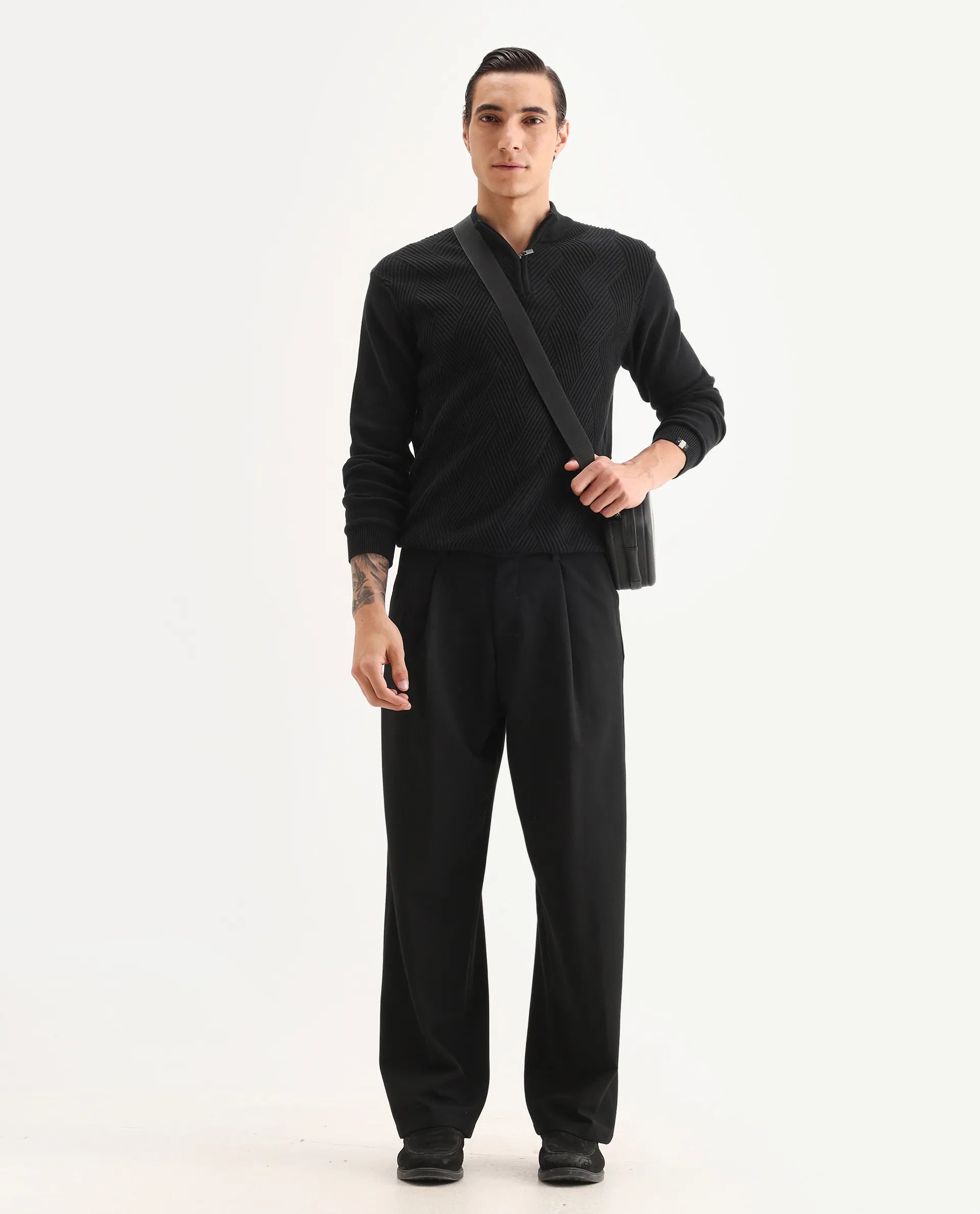 Rare Rabbit Men's Brelint Black Cotton Blend Plain Relaxed Fit Trouser