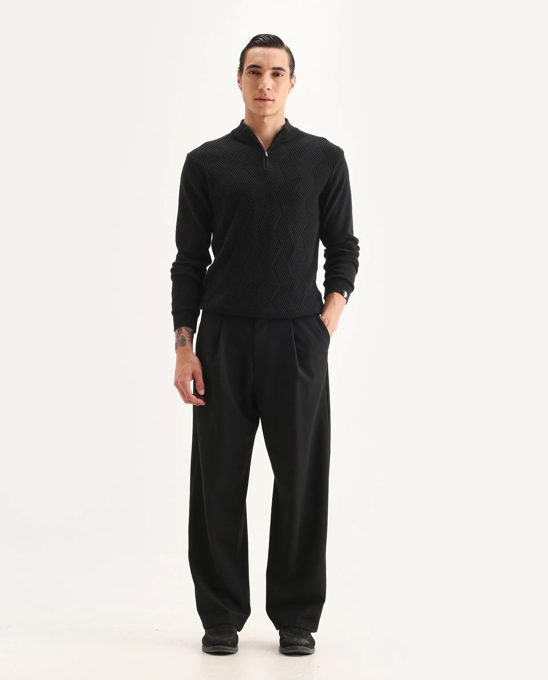 Rare Rabbit Men's Brelint Black Cotton Blend Plain Relaxed Fit Trouser