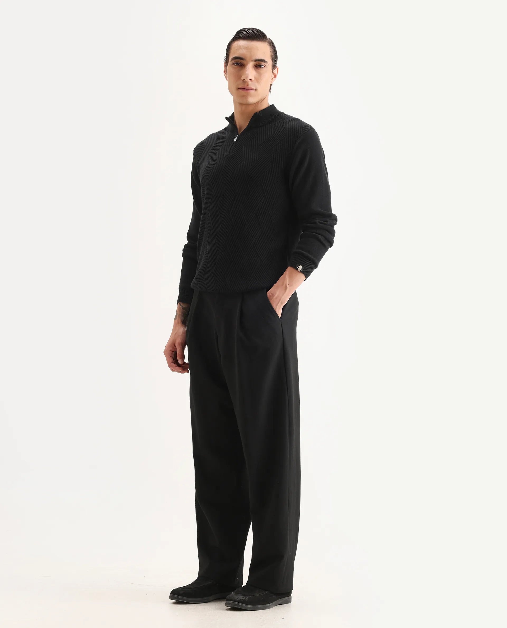 Rare Rabbit Men's Brelint Black Cotton Blend Plain Relaxed Fit Trouser