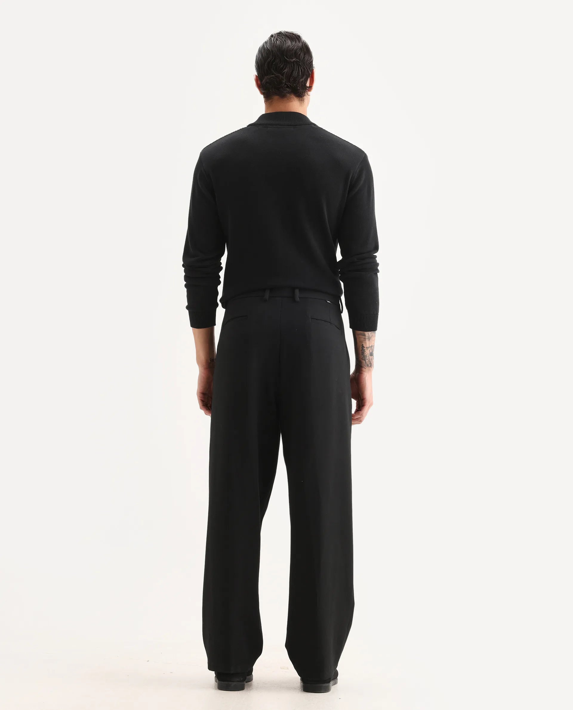 Rare Rabbit Men's Brelint Black Cotton Blend Plain Relaxed Fit Trouser