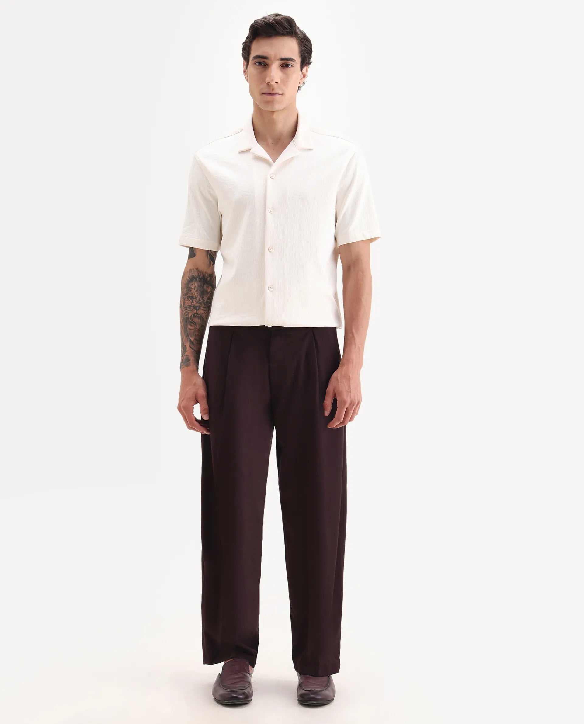 Rare Rabbit Men's Brelint Maroon Cotton Blend Plain Relaxed Fit Trouser