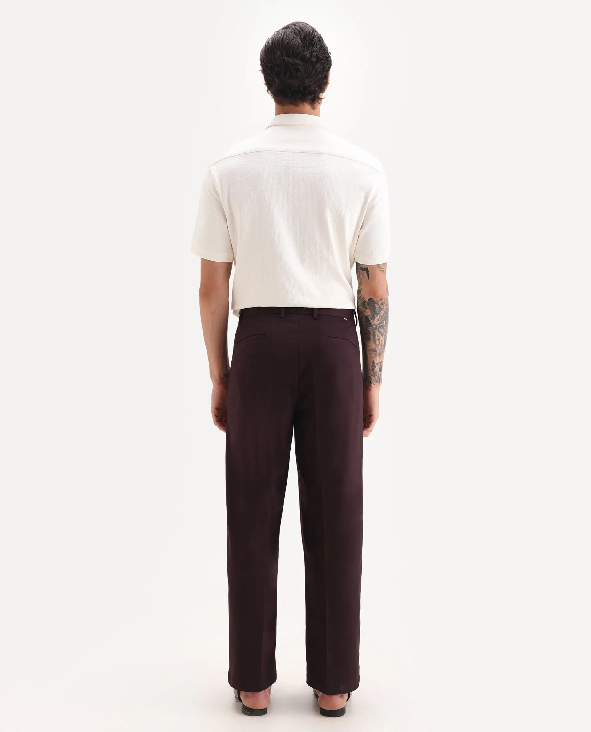 Rare Rabbit Men's Brelint Maroon Cotton Blend Plain Relaxed Fit Trouser