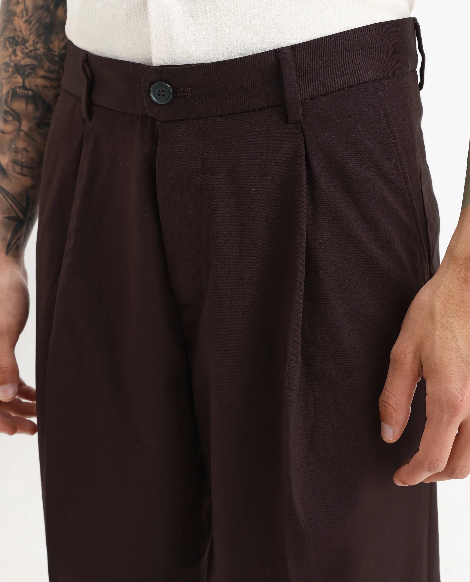 Rare Rabbit Men's Brelint Maroon Cotton Blend Plain Relaxed Fit Trouser