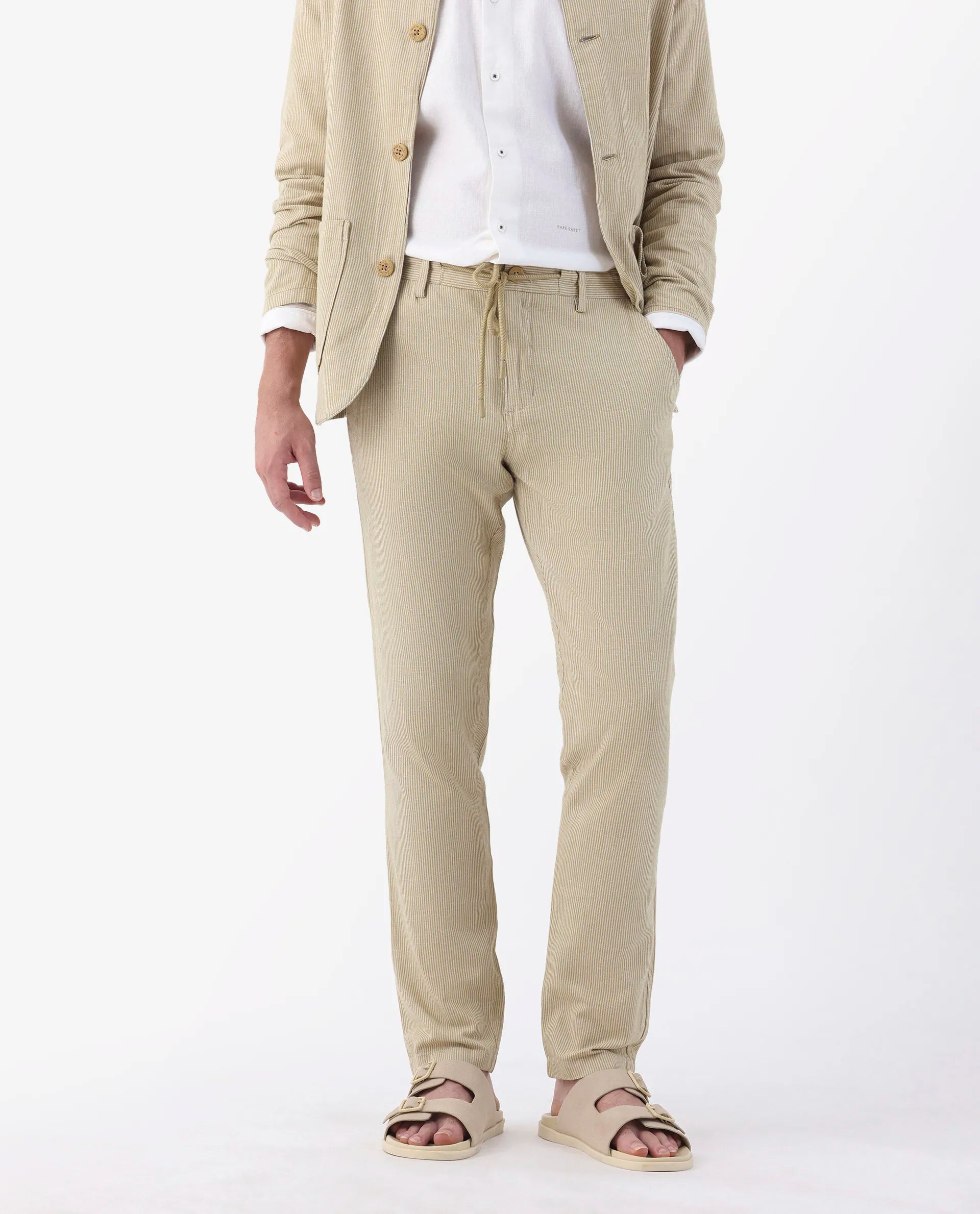 Rare Rabbit Men's Brera Mustard Linen Blend Striped Print Regular Fit Trouser