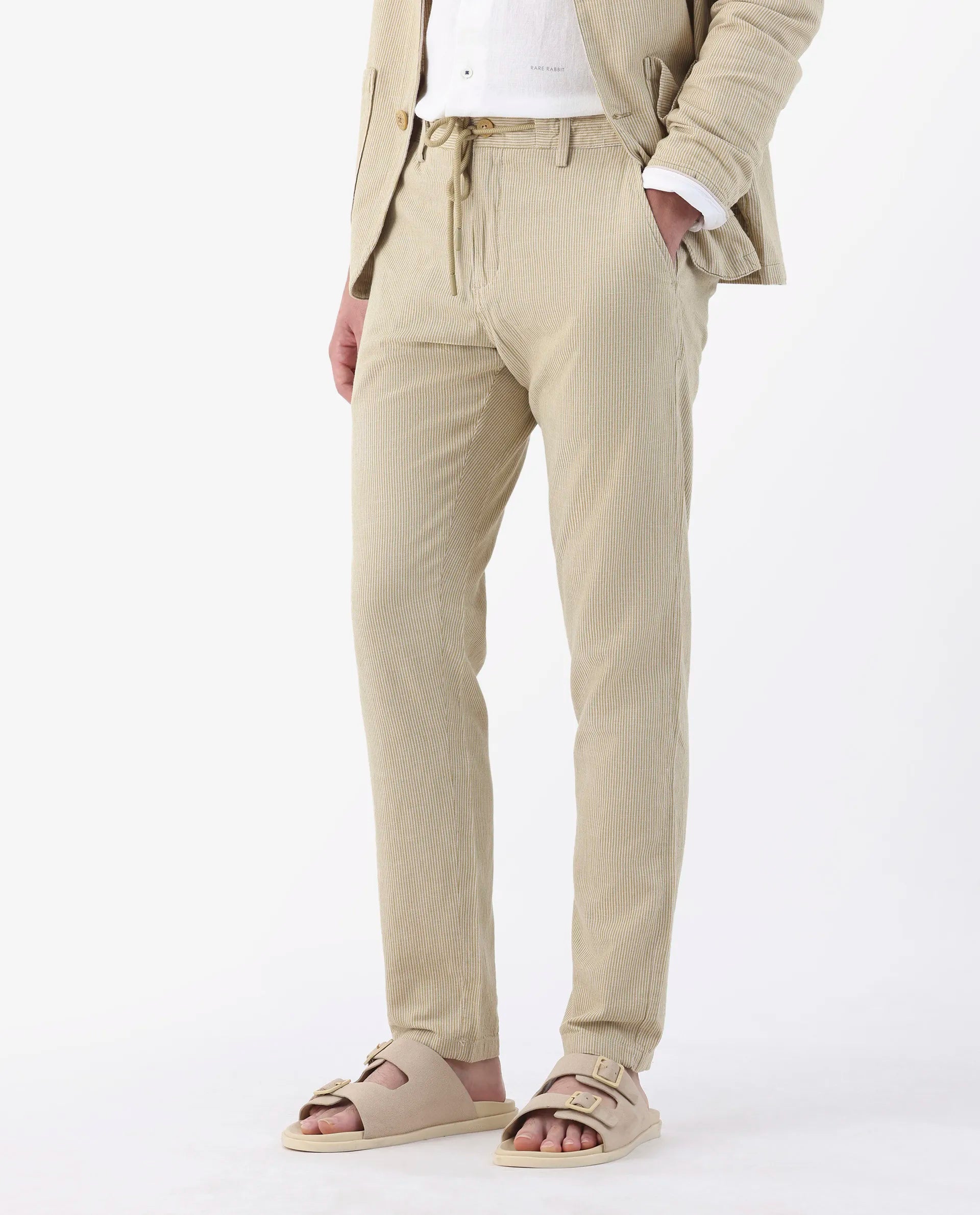 Rare Rabbit Men's Brera Mustard Linen Blend Striped Print Regular Fit Trouser