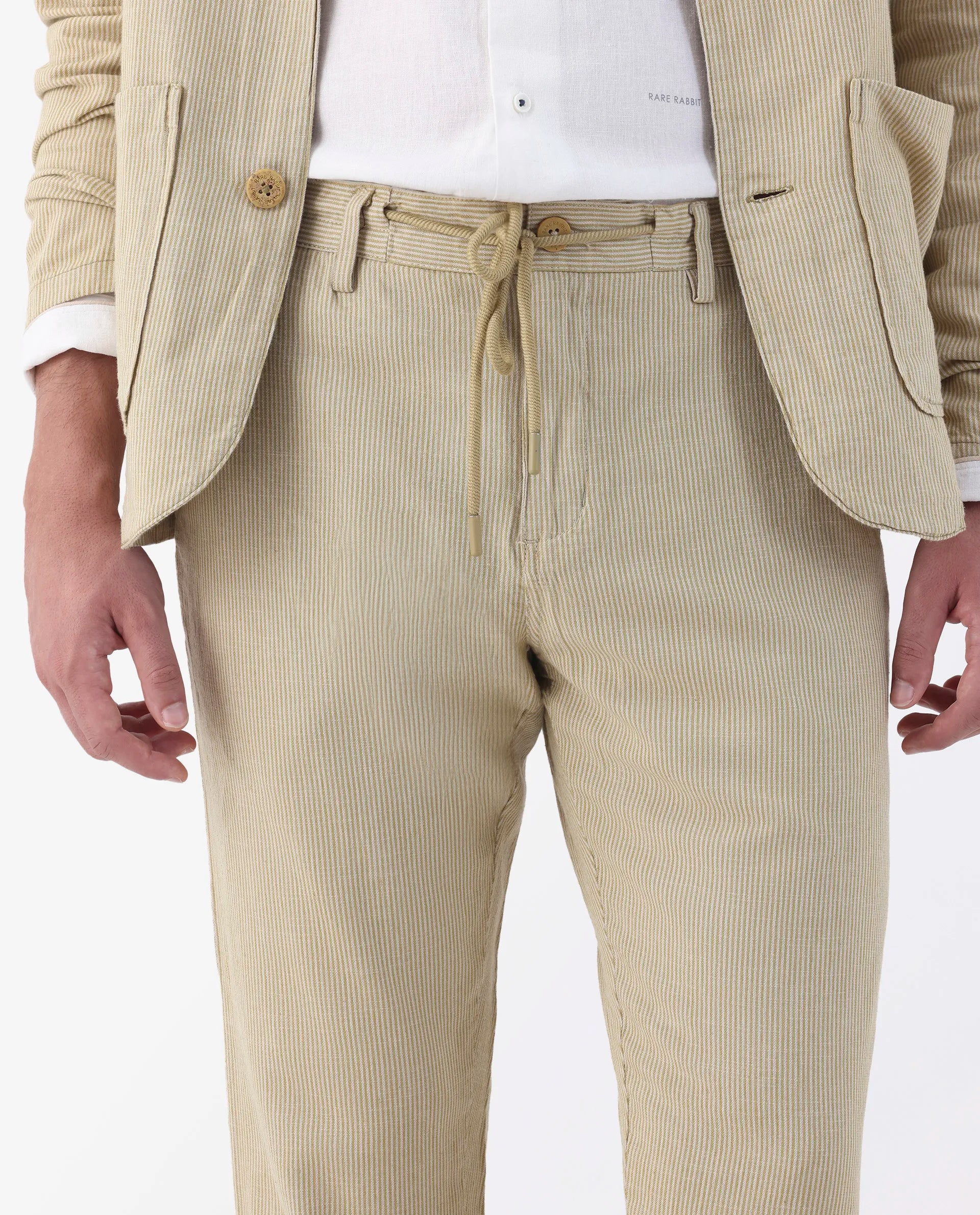 Rare Rabbit Men's Brera Mustard Linen Blend Striped Print Regular Fit Trouser