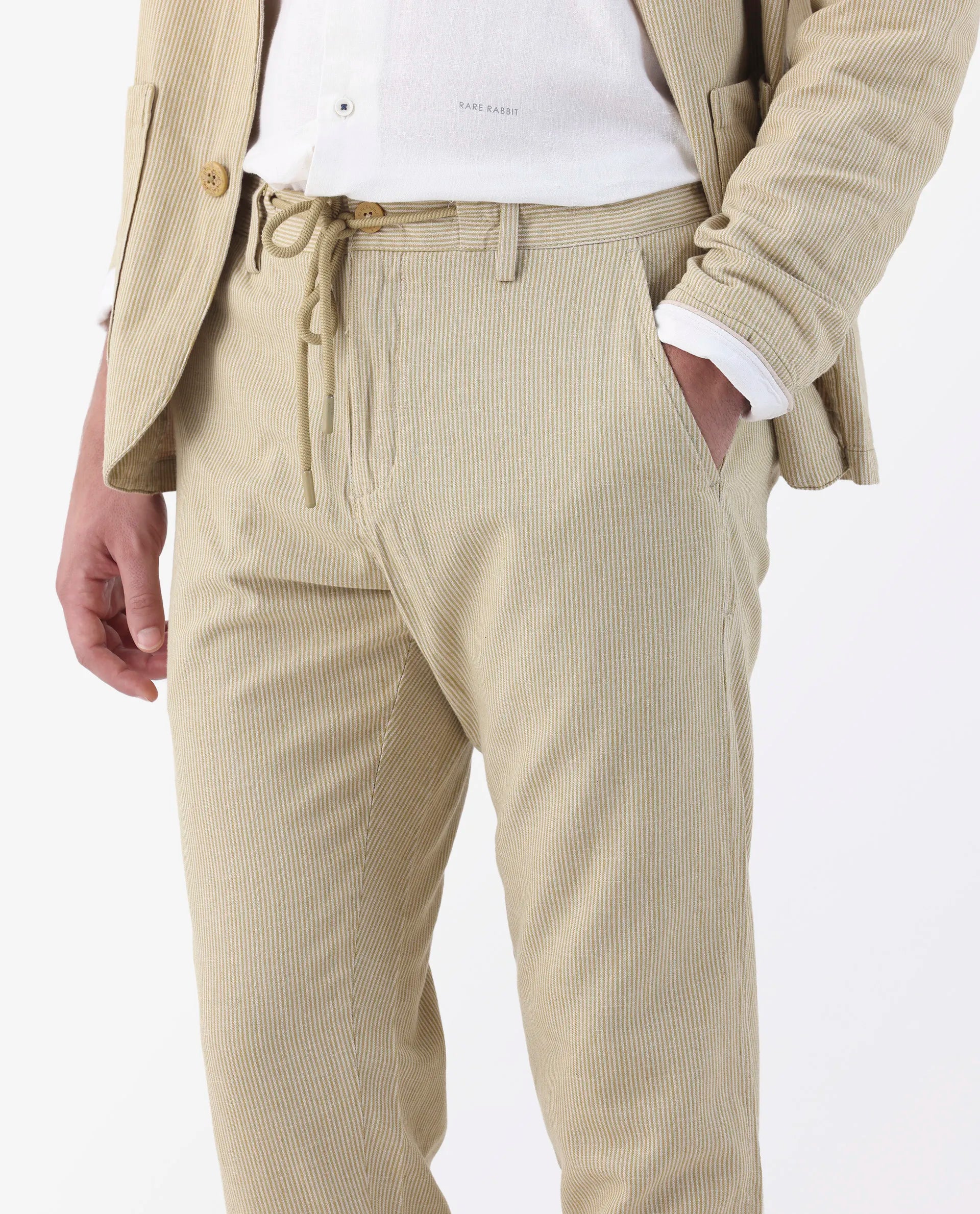 Rare Rabbit Men's Brera Mustard Linen Blend Striped Print Regular Fit Trouser