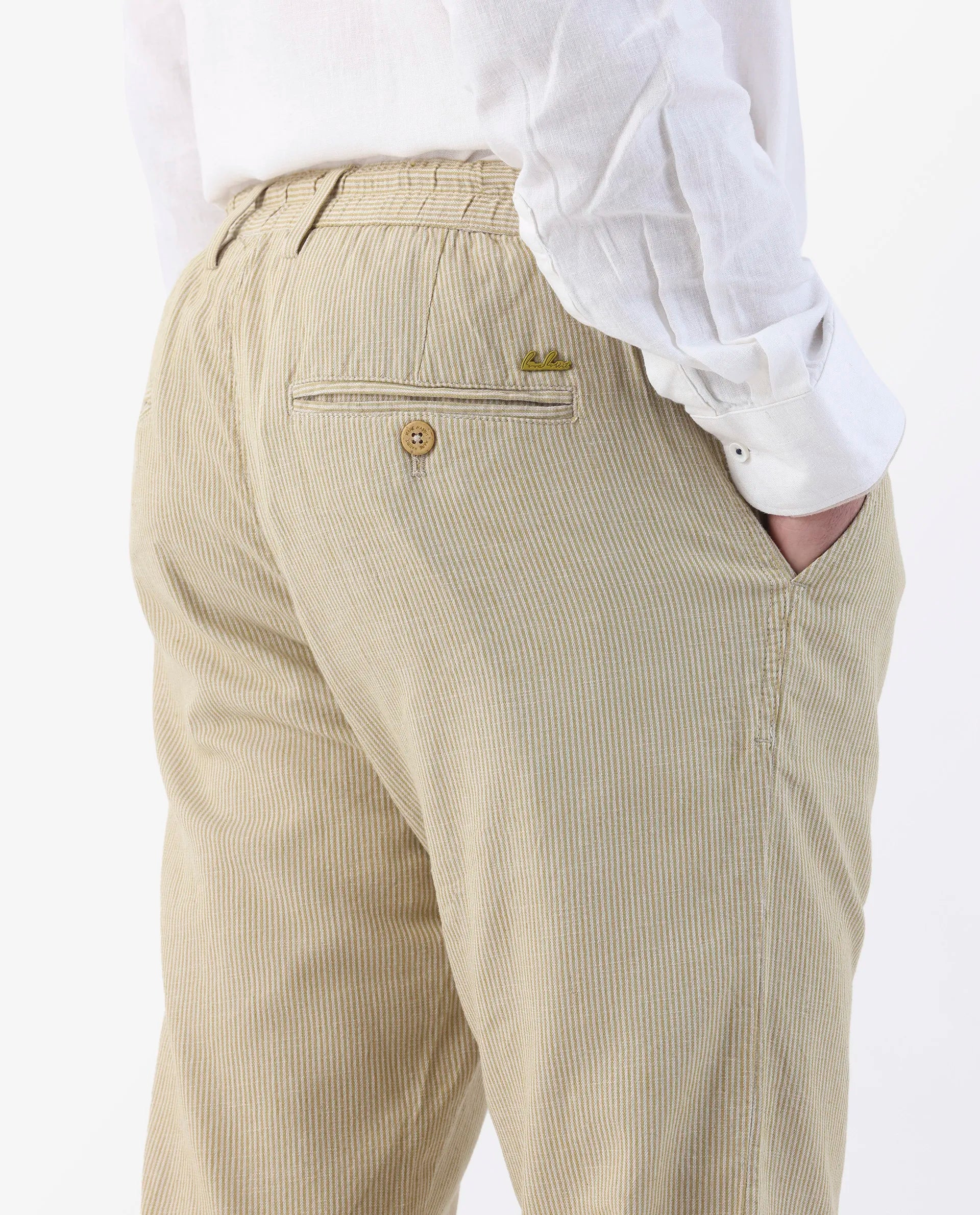 Rare Rabbit Men's Brera Mustard Linen Blend Striped Print Regular Fit Trouser