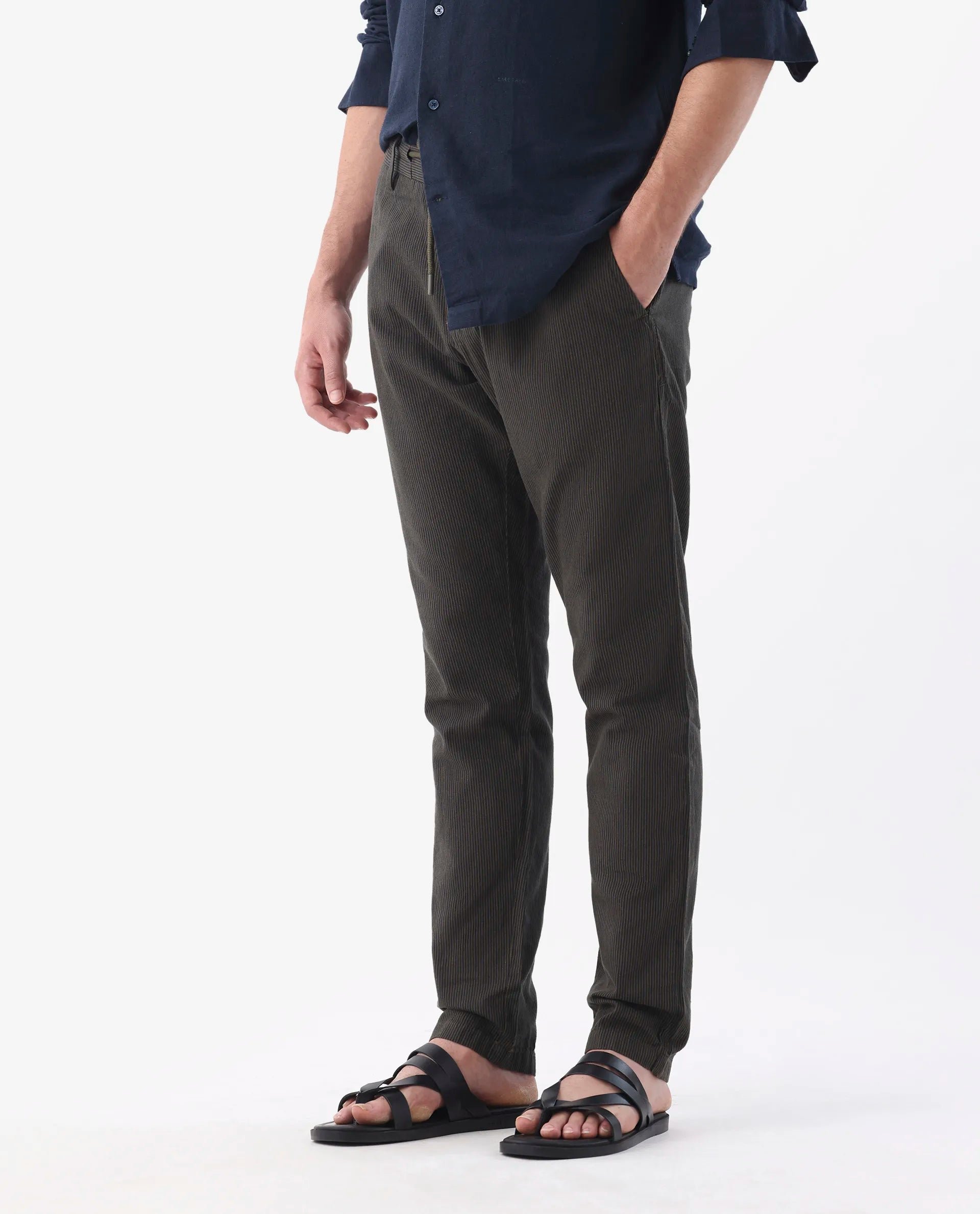 Rare Rabbit Men's Brera Olive Linen Blend Striped Print Regular Fit Trouser