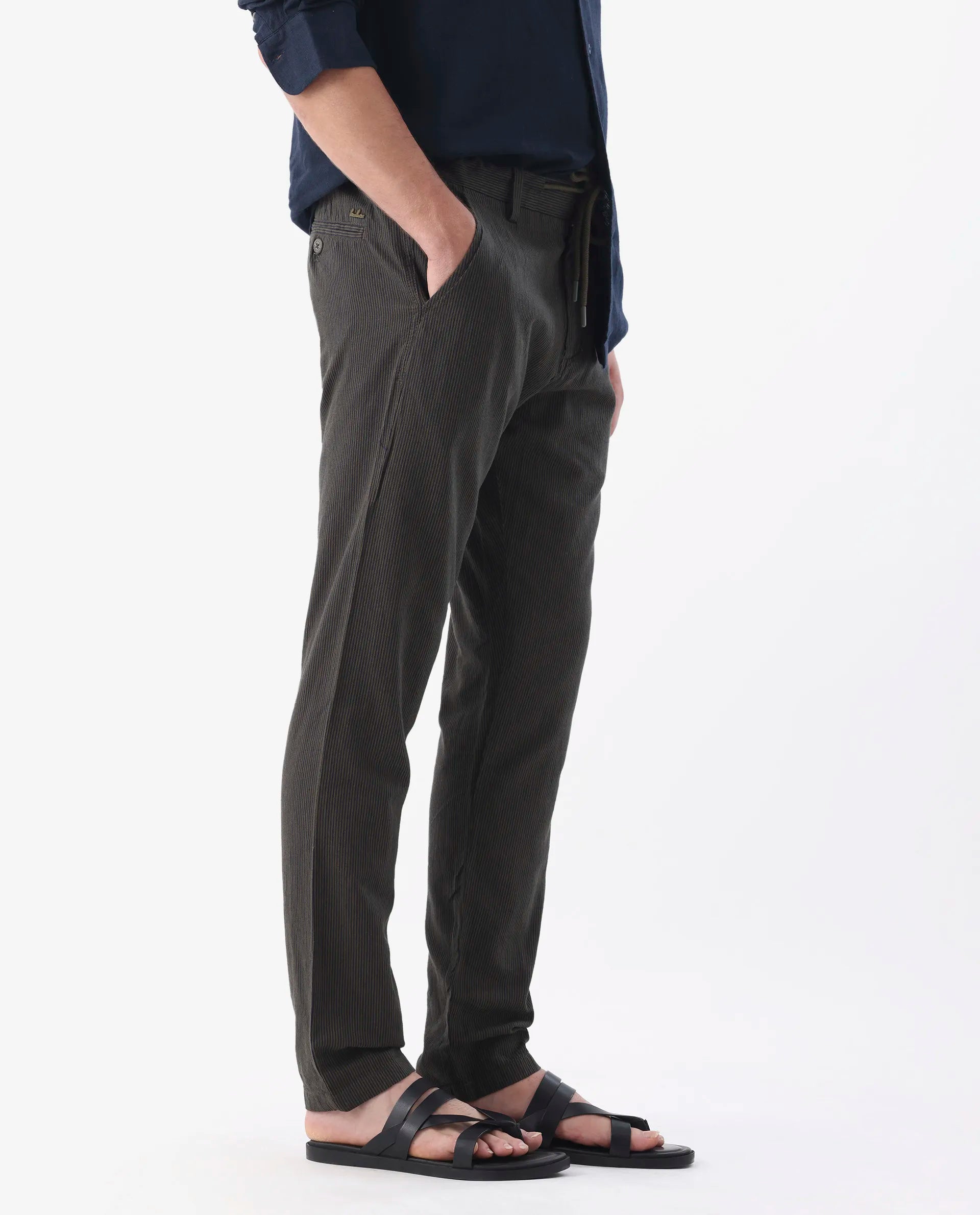 Rare Rabbit Men's Brera Olive Linen Blend Striped Print Regular Fit Trouser