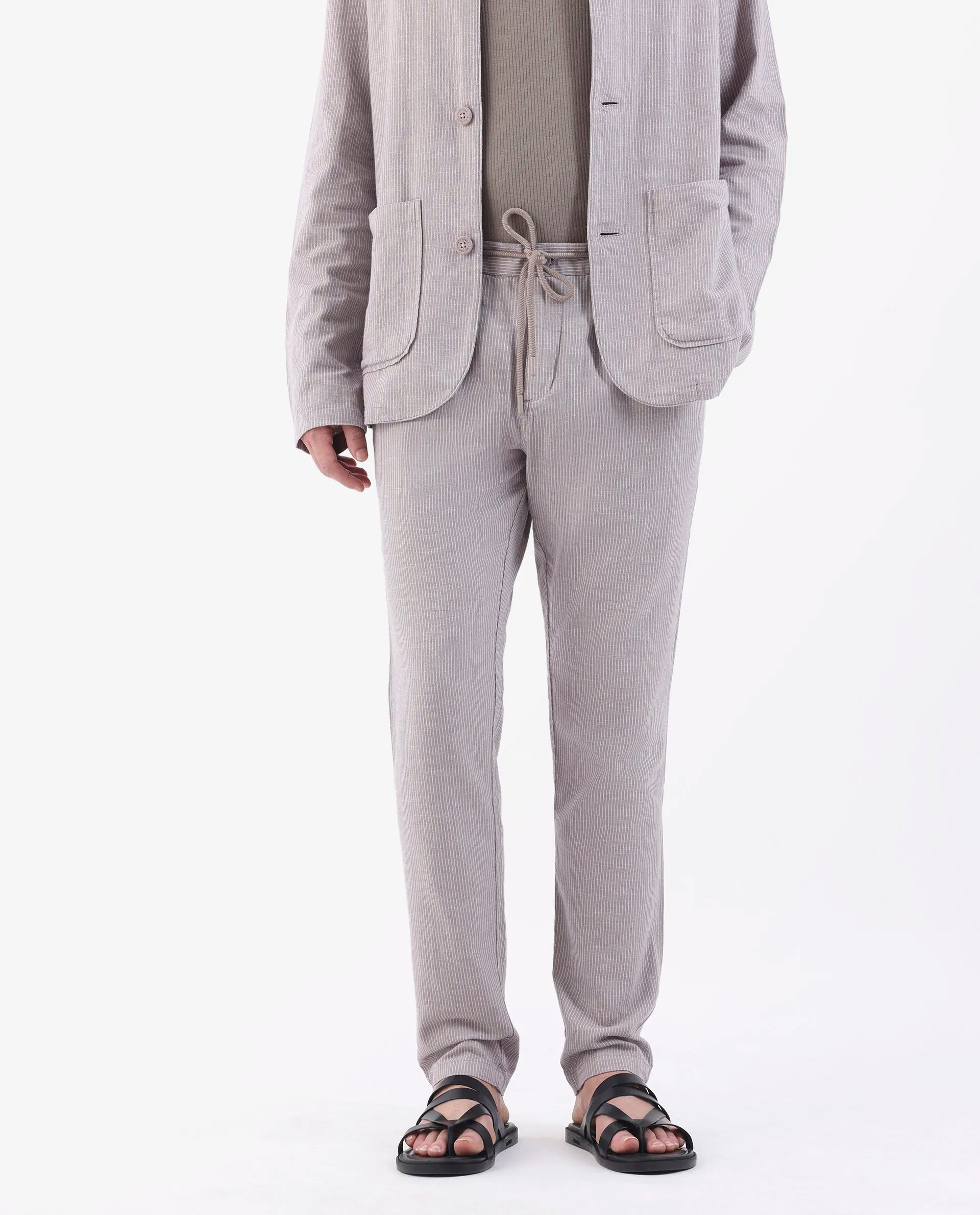 Rare Rabbit Men's Brera Puprle Linen Blend Striped Print Regular Fit Trouser